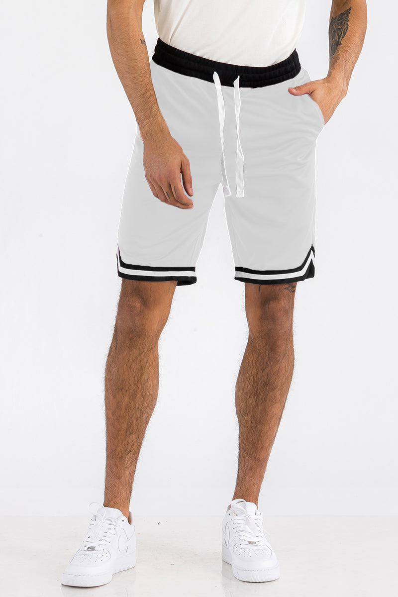 Mens Striped Basketball Active Jordan Shorts featuring elastic waist, drawstring, and zippered pockets in a stylish design.