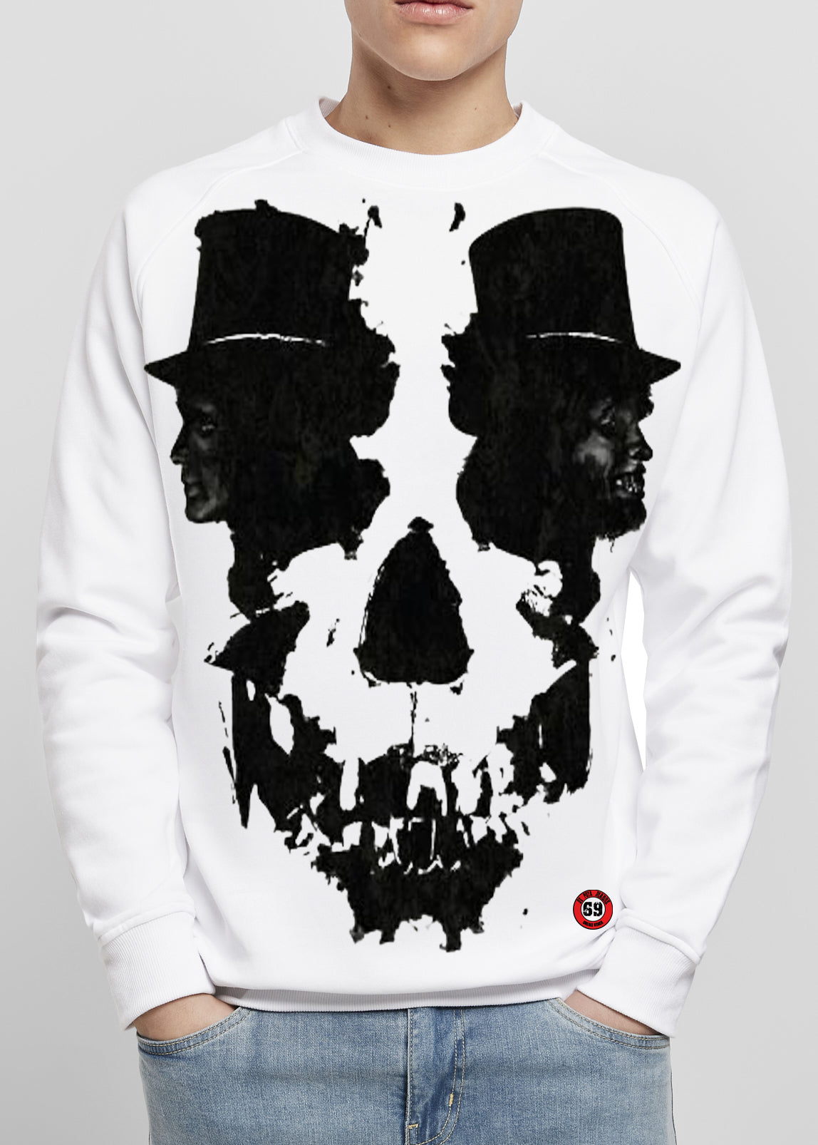 Men's sweatshirt design The Skulls featuring unique handmade prints and the original DPM69 logo, crafted from high-quality jersey cotton.