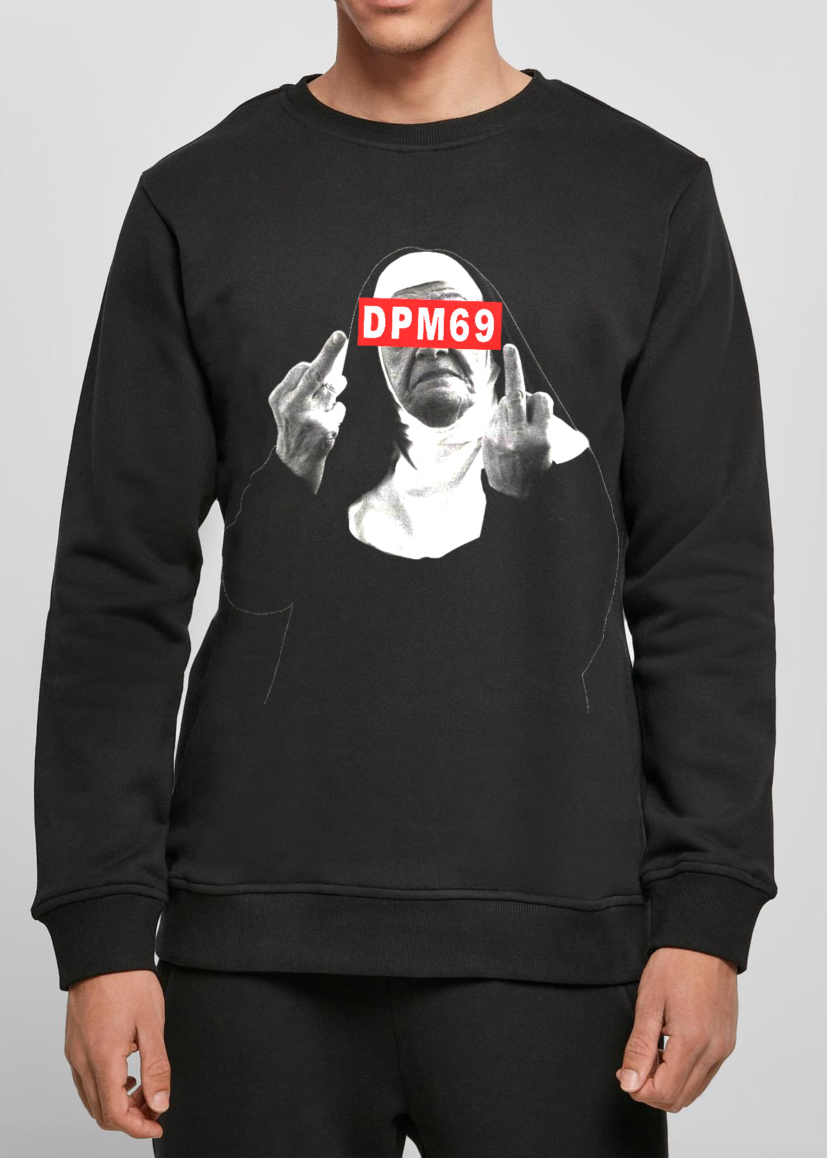 Men's black sweatshirt with unique Fck design, featuring high-quality prints and the DPM69 logo, showcasing Italian streetwear fashion.