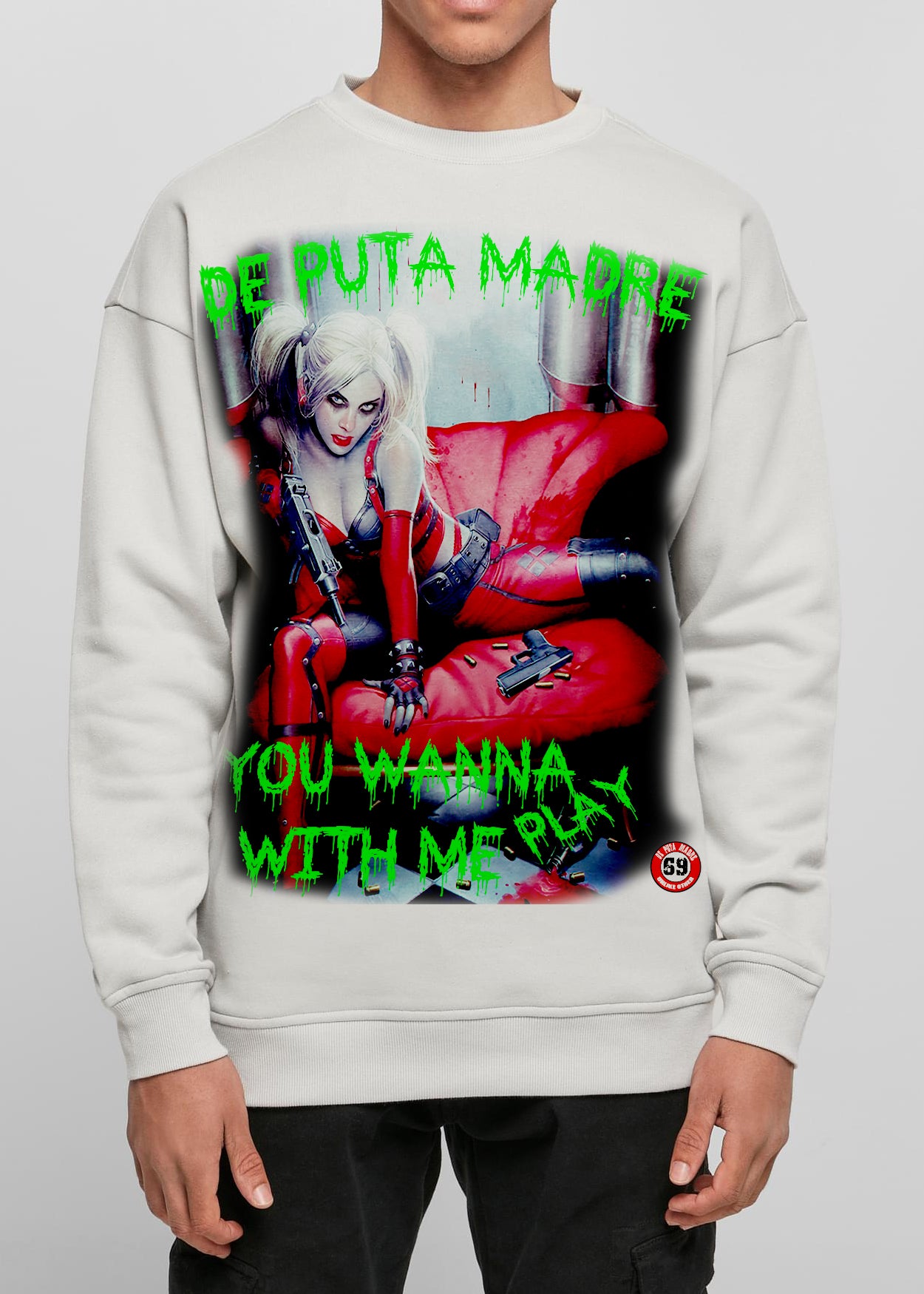 Men's Sweatshirt with playful phrase 'You wanna with me play', showcasing unique handmade design and high-quality fabric.