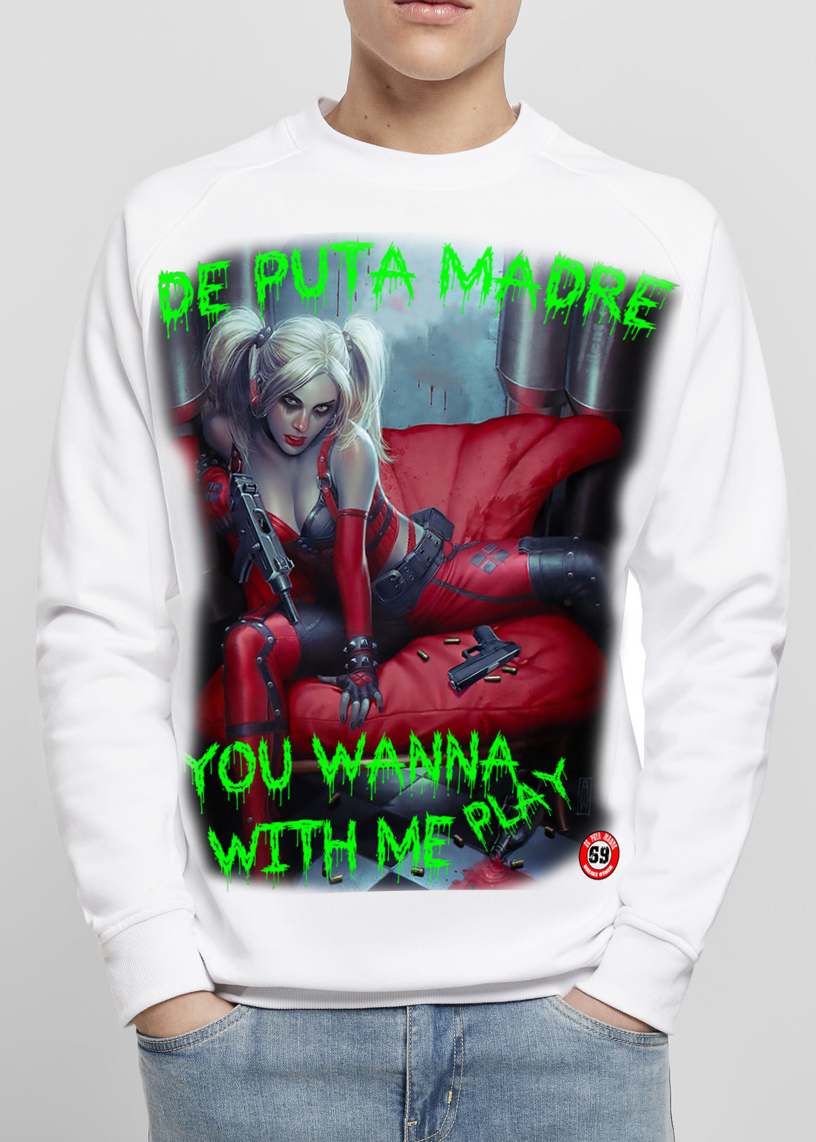 Men's Sweatshirt with playful phrase 'You wanna with me play', showcasing unique handmade design and high-quality fabric.