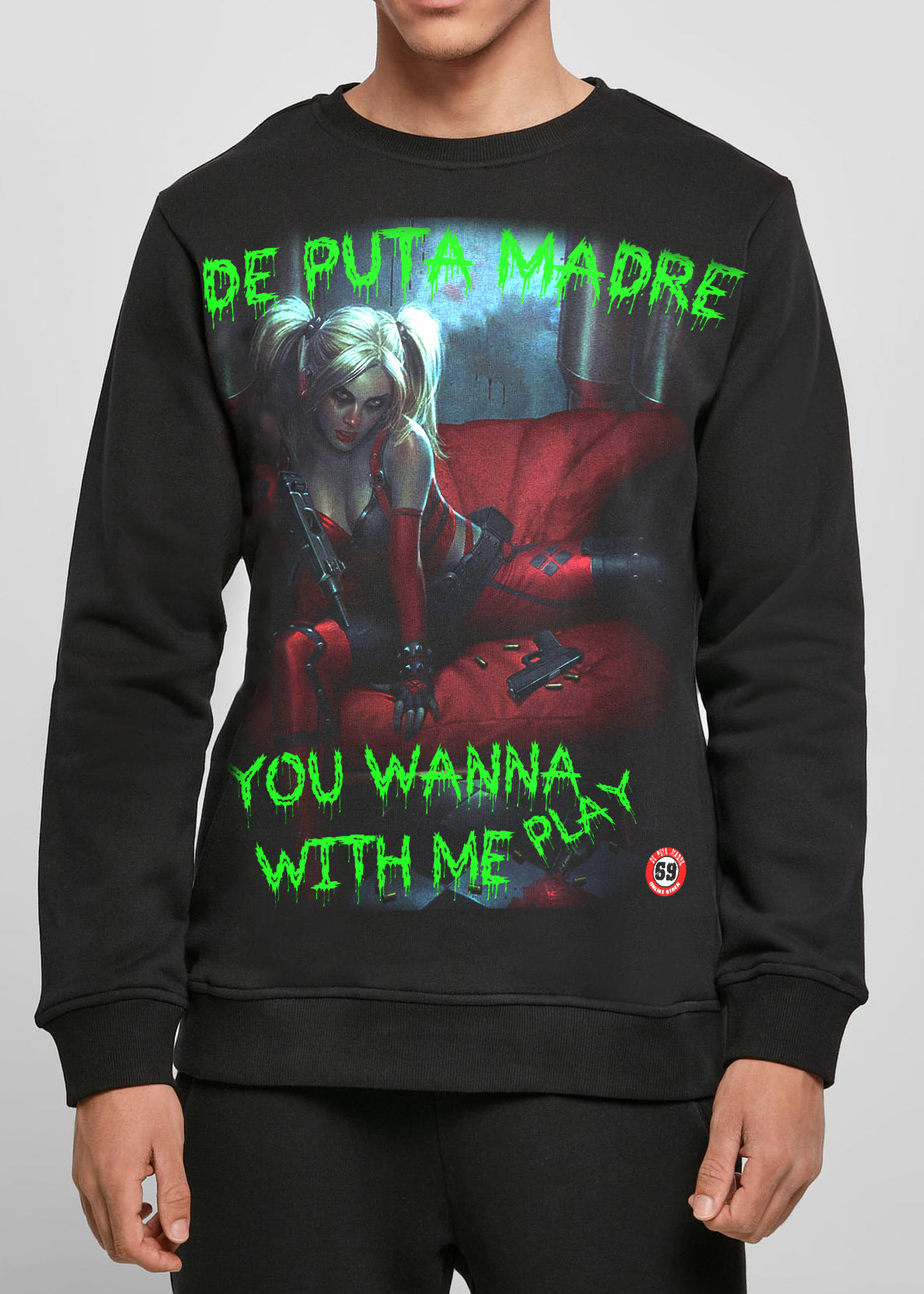 Men's Sweatshirt with playful phrase 'You wanna with me play', showcasing unique handmade design and high-quality fabric.