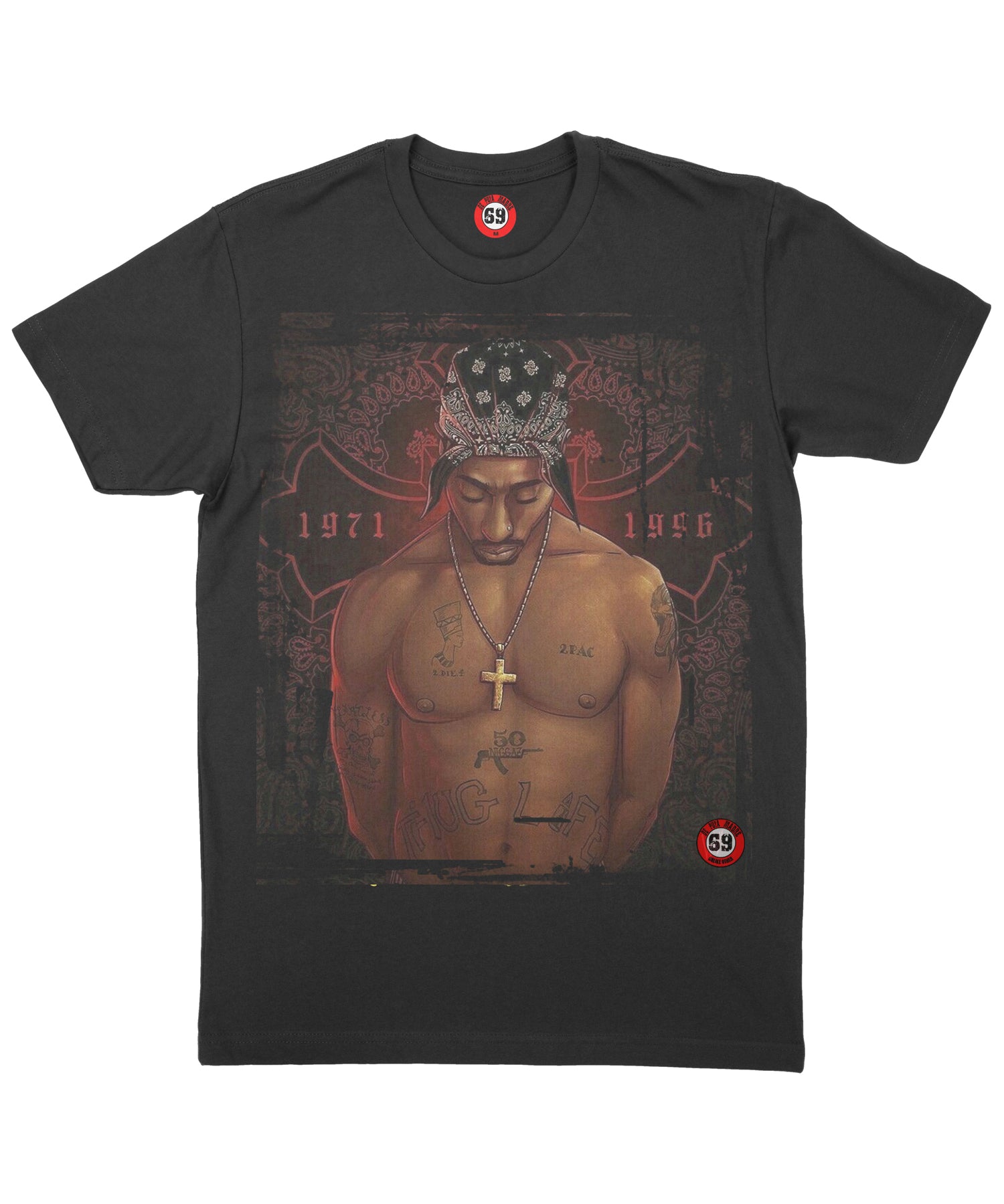 Men's T-Shirt featuring 2Pac Thug Life design, showcasing high-quality print and jersey cotton material.