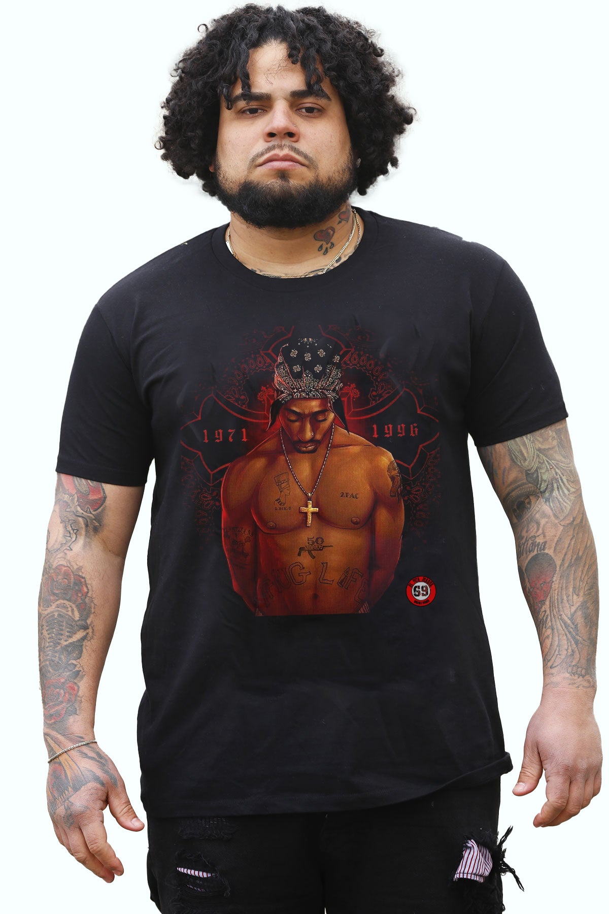 Men's T-Shirt featuring 2Pac Thug Life design, showcasing high-quality print and jersey cotton material.