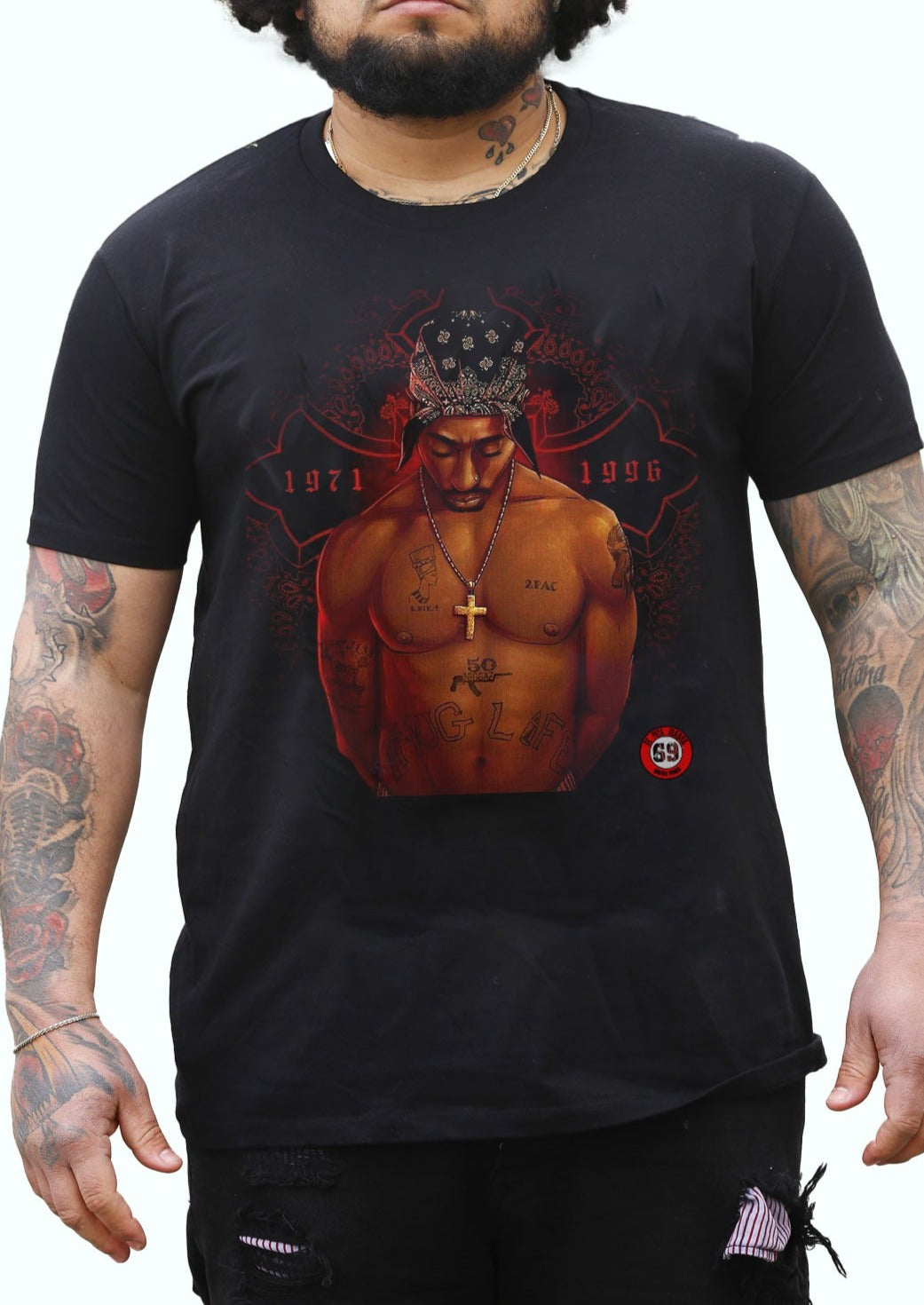 Men's T-Shirt featuring 2Pac Thug Life design, showcasing high-quality print and jersey cotton material.