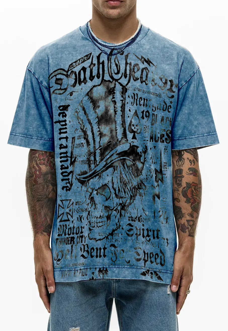 Men's Chaos Skulls T-Shirt featuring a unique Dirty Washed design made from premium Italian cotton.