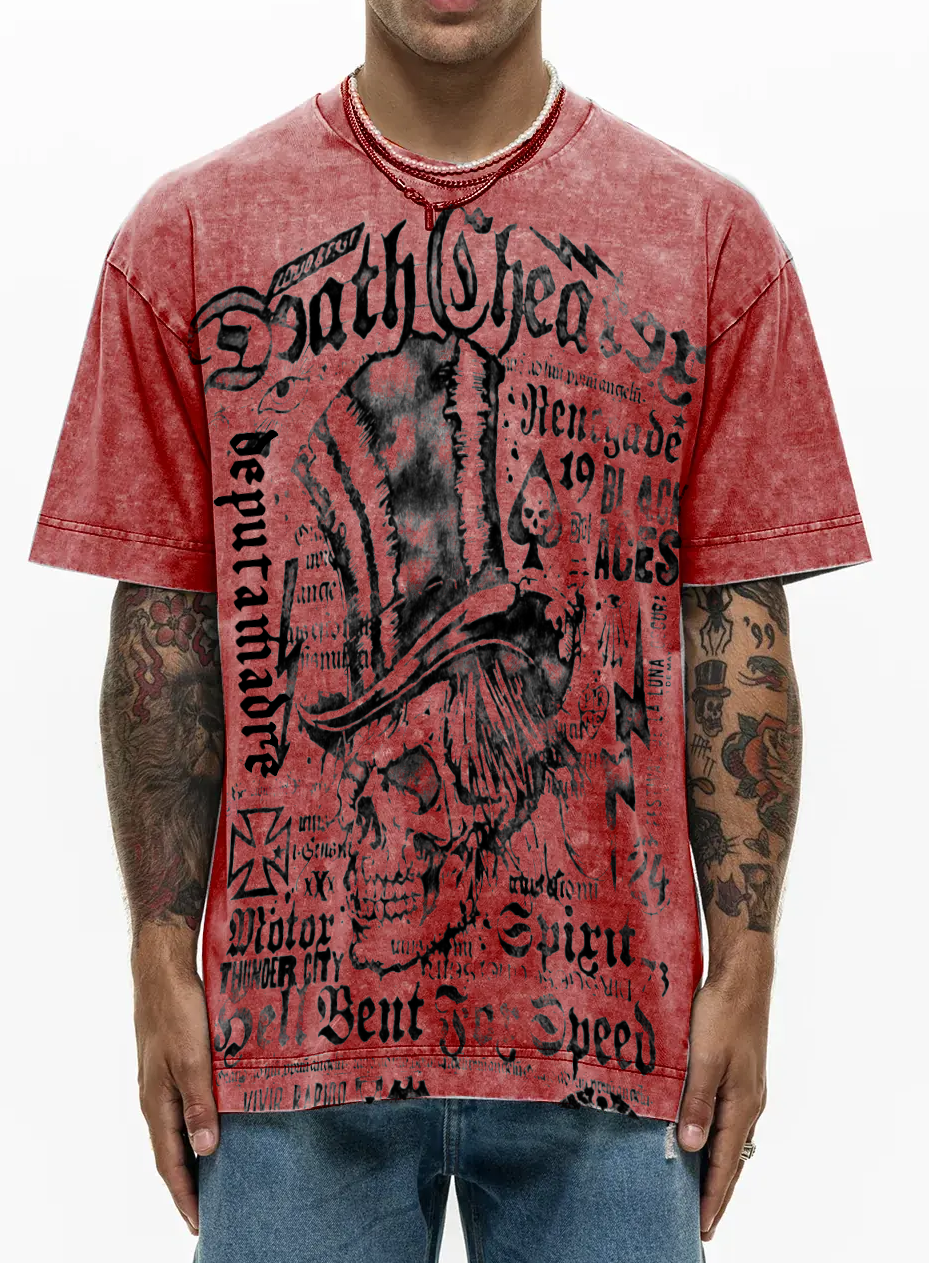 Men's Chaos Skulls T-Shirt featuring a unique Dirty Washed design made from premium Italian cotton.