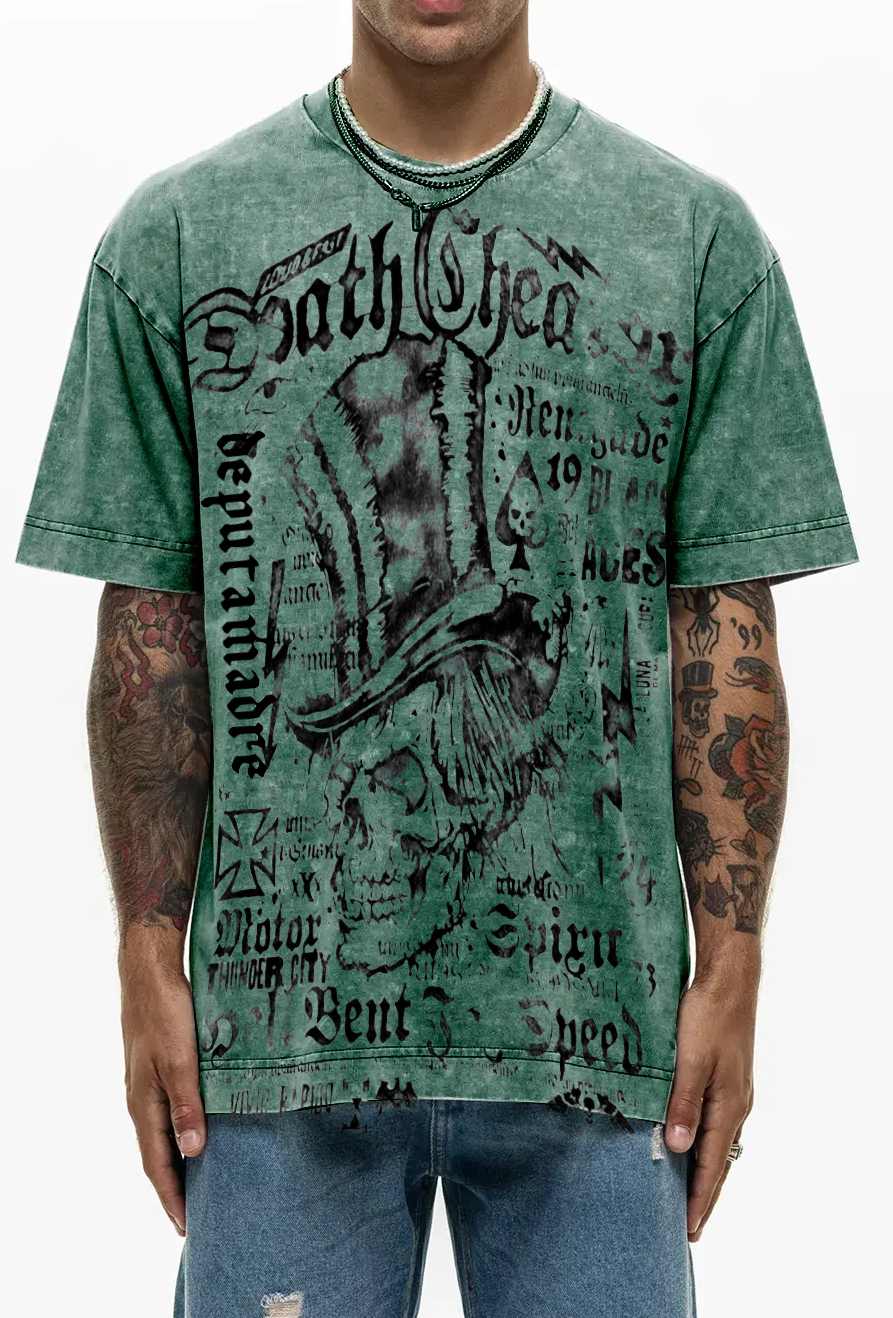 Men's Chaos Skulls T-Shirt featuring a unique Dirty Washed design made from premium Italian cotton.