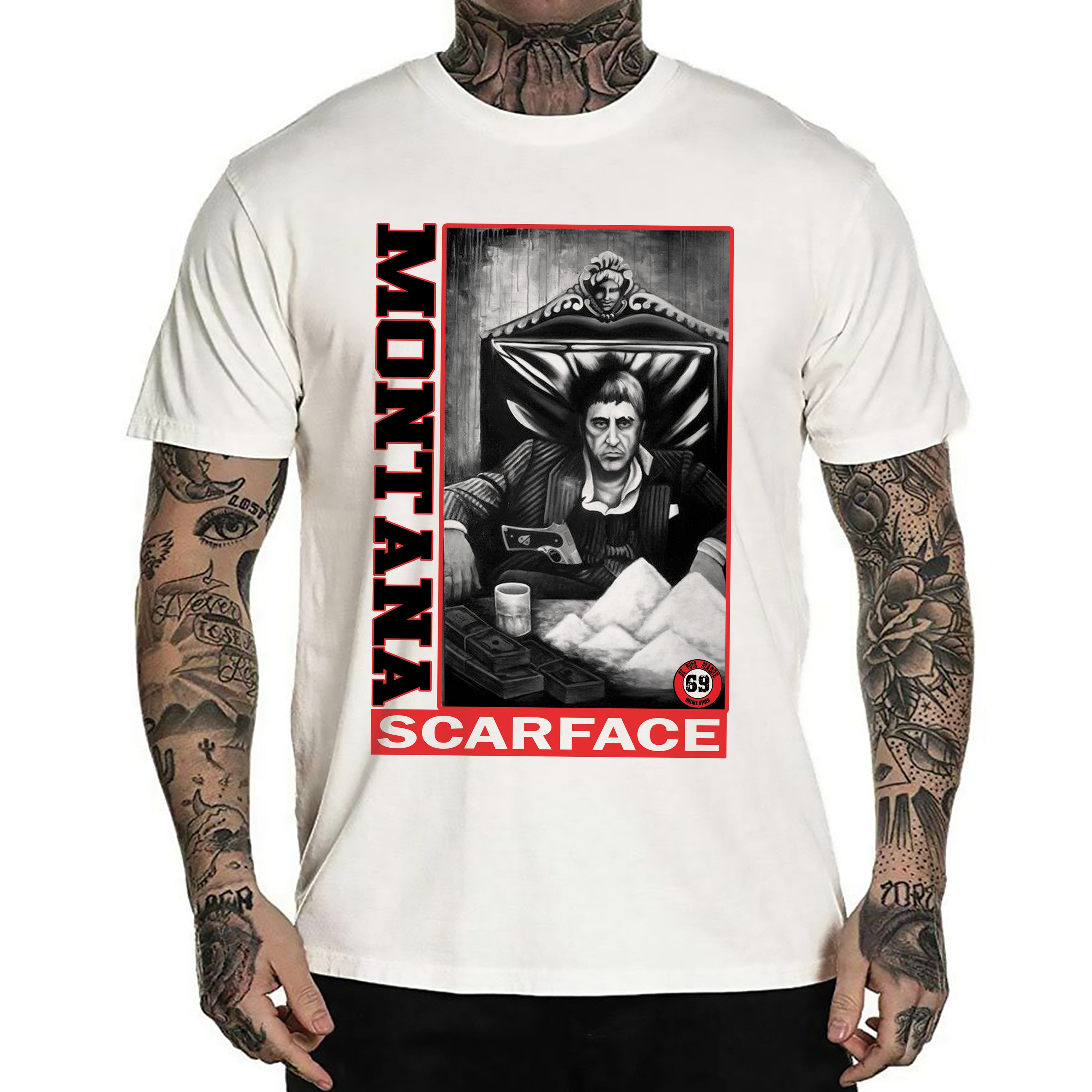 Men's T-Shirt featuring Tony Montana design, showcasing a stylish print on a short-sleeved crew-neck shirt made from breathable jersey cotton.