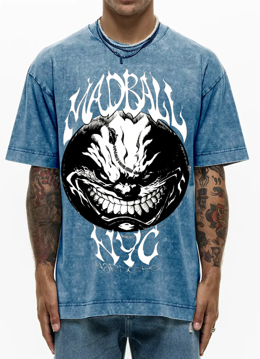 Men's MadBall Washed T-Shirt featuring De Puta Madre 69 print in a stylish Dirty Washed design, made from premium Italian cotton.