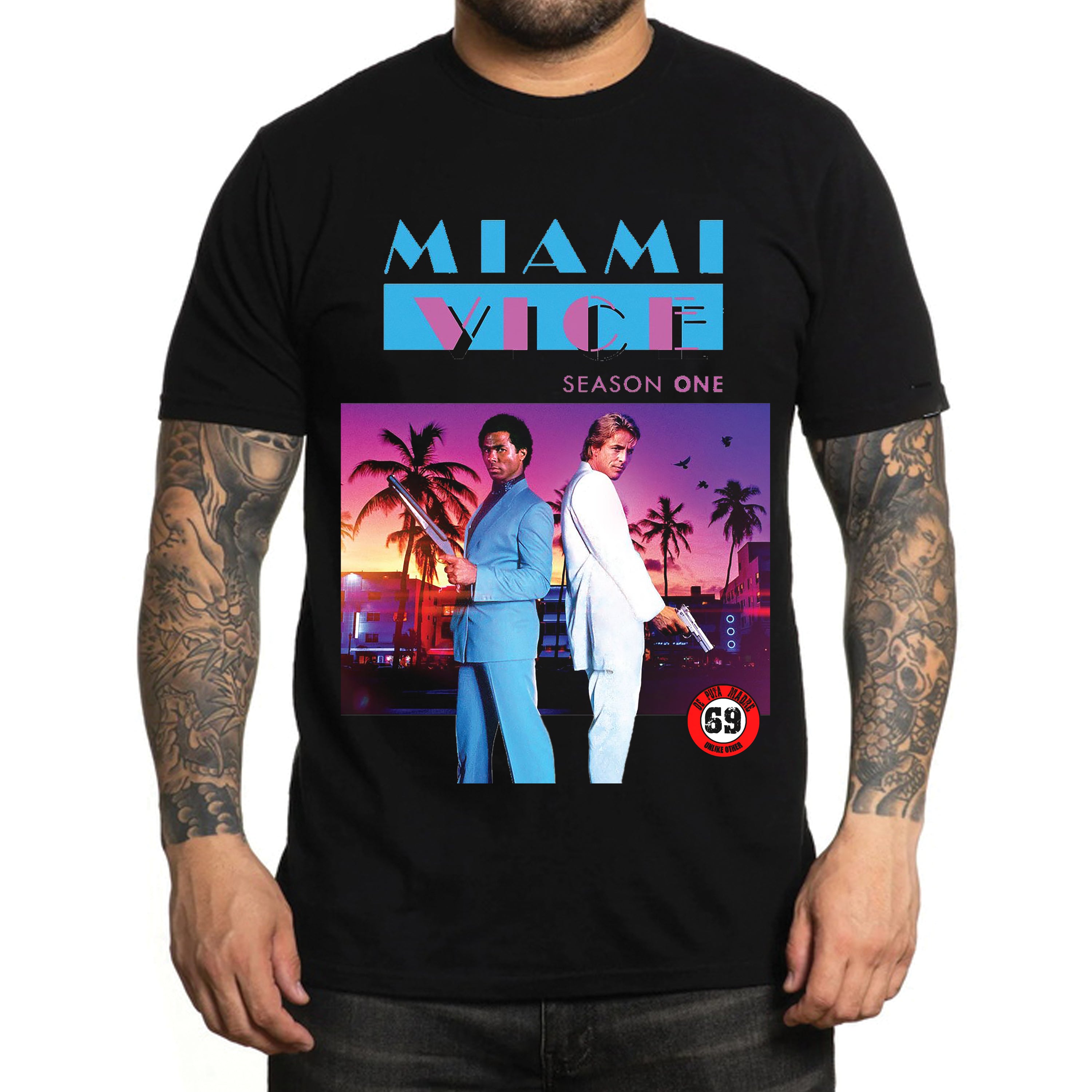 Men's black t-shirt featuring Miami Vice design with handmade prints on front and back, made from 100% jersey cotton.