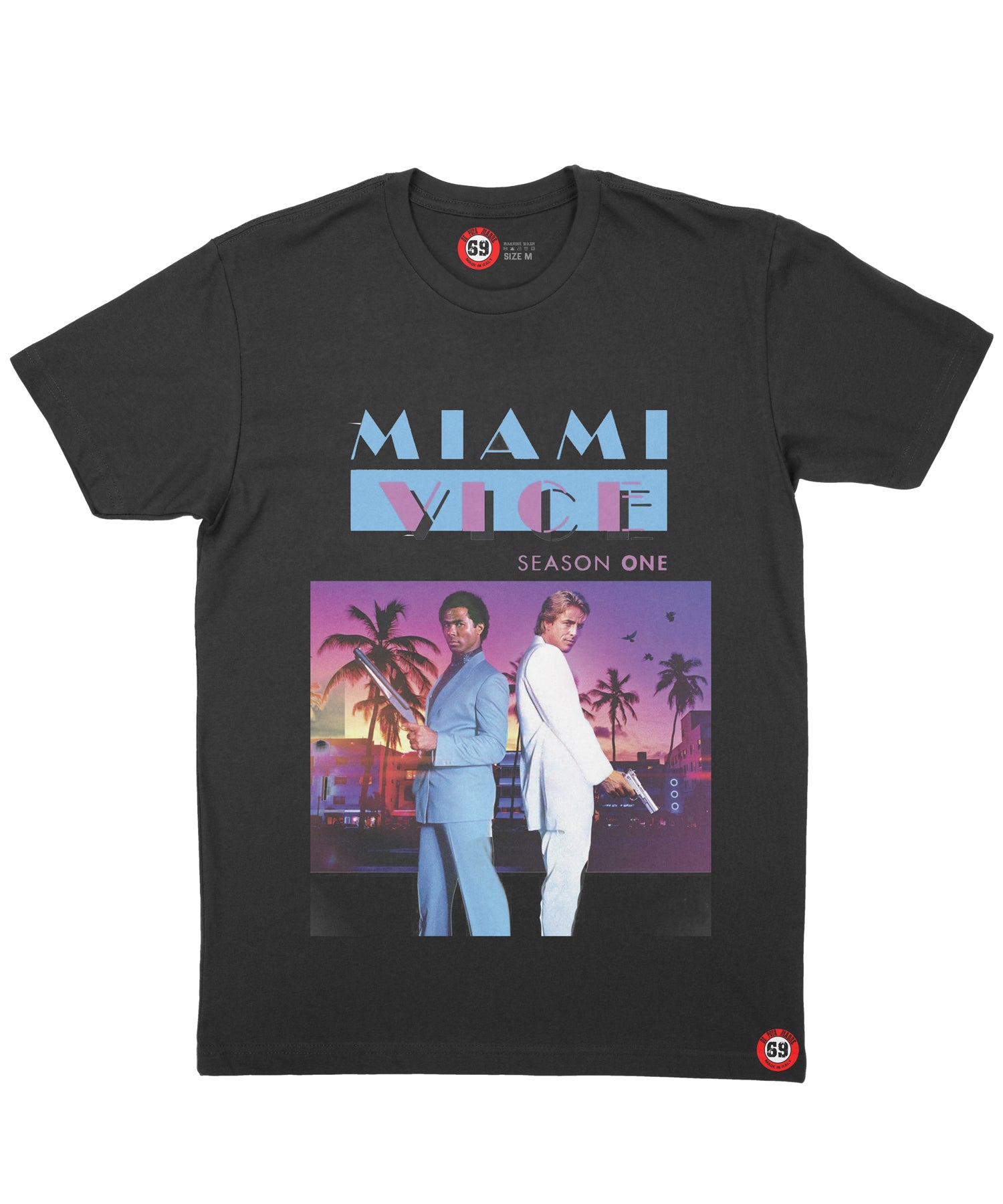 Men's black t-shirt featuring Miami Vice design with handmade prints on front and back, made from 100% jersey cotton.