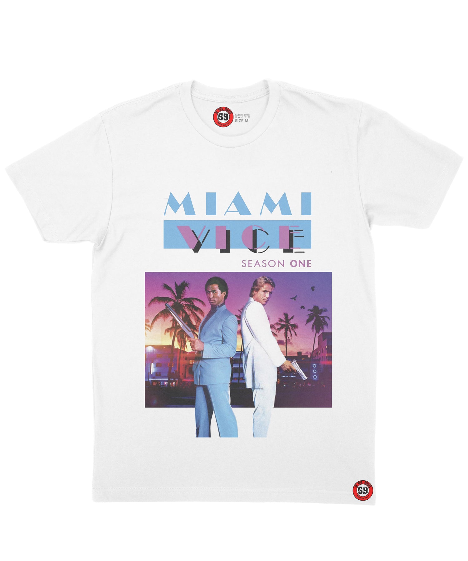 Men's white t-shirt featuring Miami Vice design with vibrant colors and handmade prints, showcasing a trendy and stylish look.