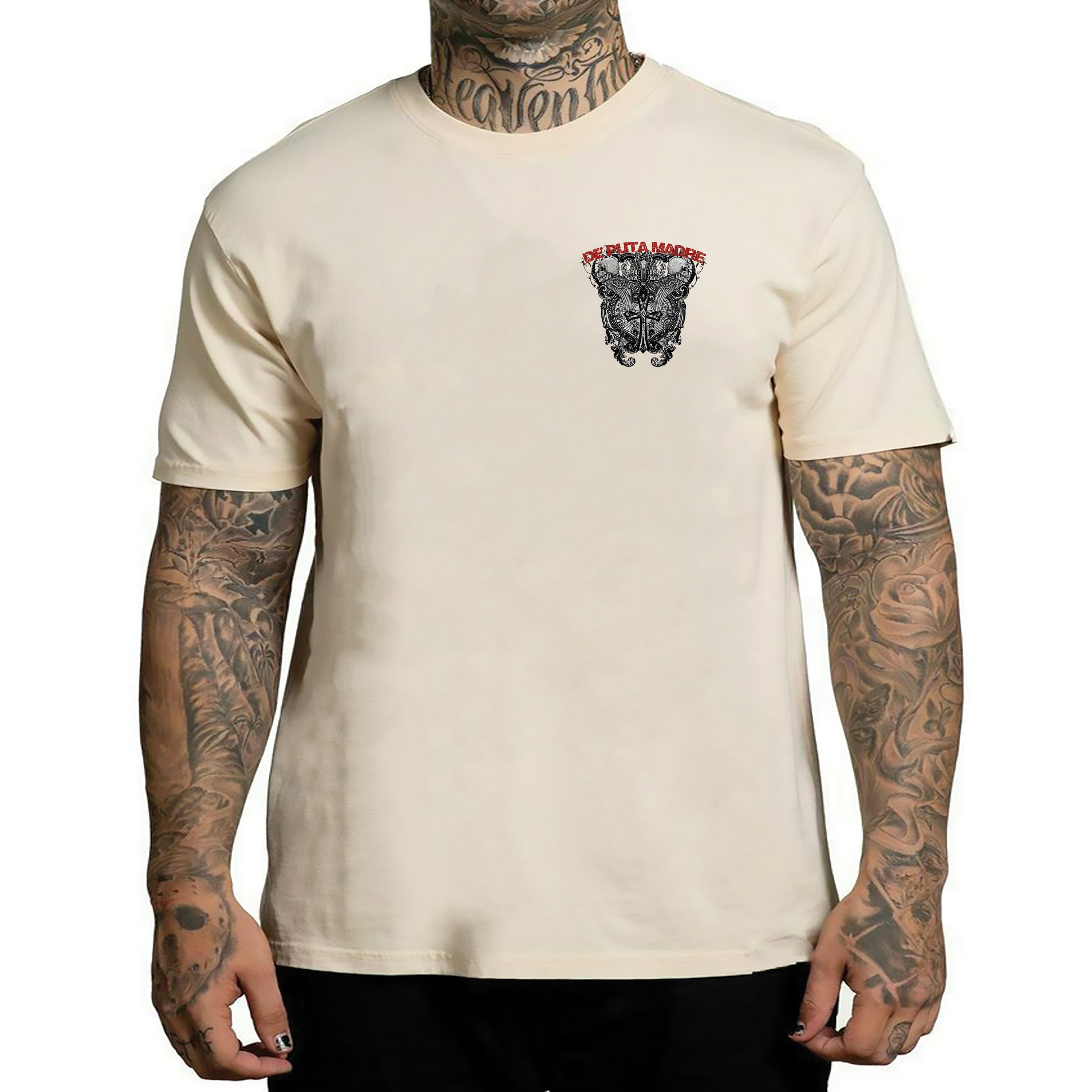 Men's T-Shirt design No Nation featuring a trendy skull print on a crew-neck style, made from 100% jersey cotton with high-quality finishing.