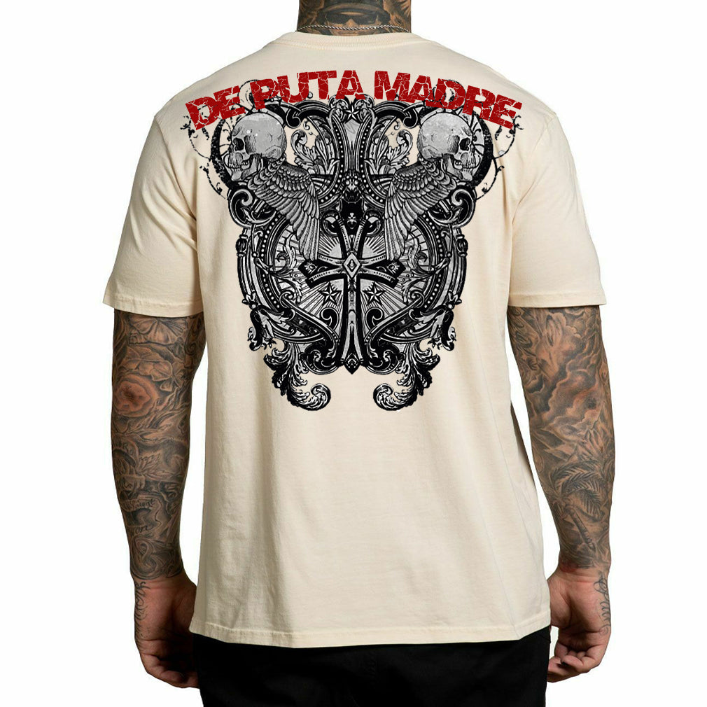 Men's T-Shirt design No Nation featuring a trendy skull print on a crew-neck style, made from 100% jersey cotton with high-quality finishing.