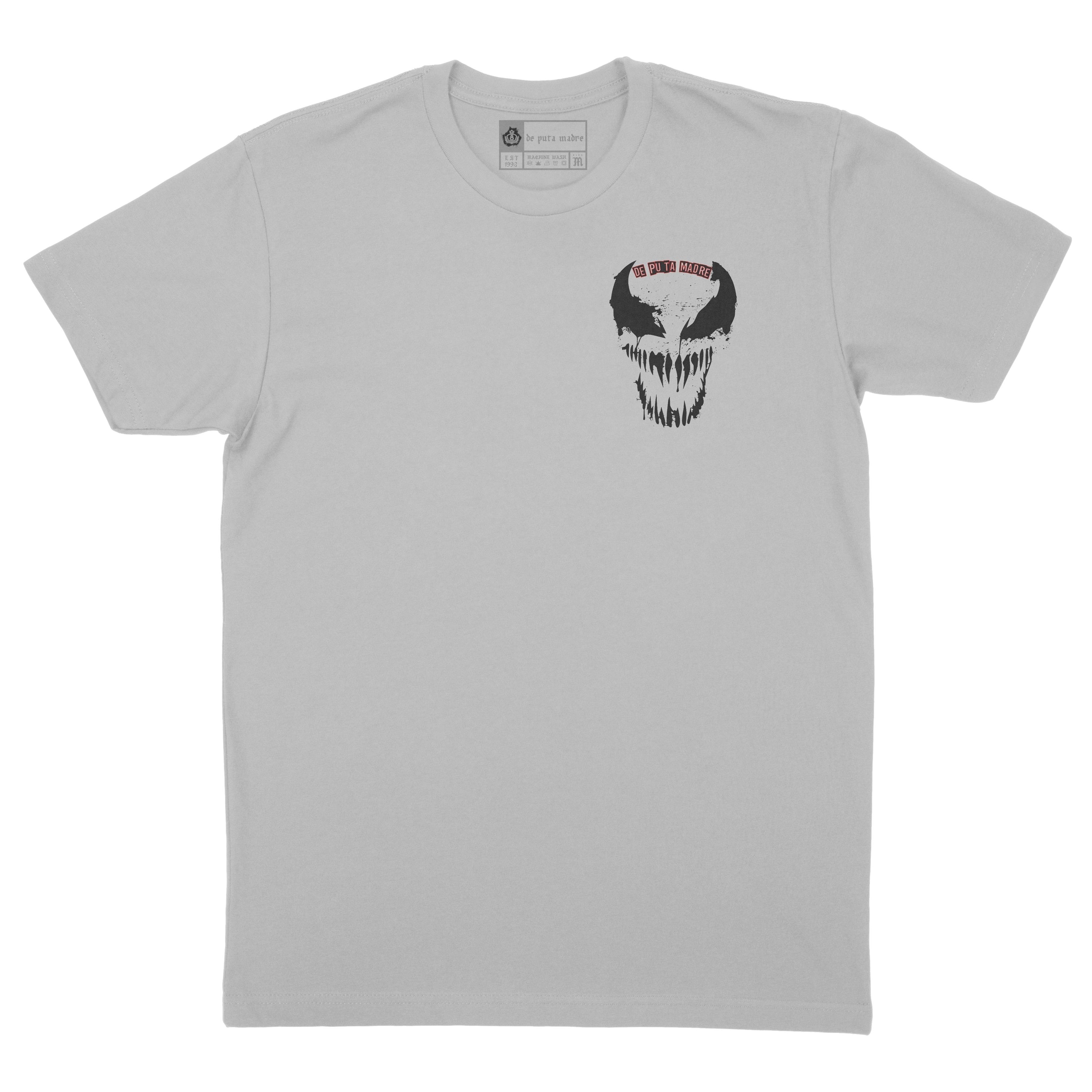 Men's crew-neck t-shirt featuring a trendy skull print, made from 100% jersey cotton, showcasing high-quality finishing and handmade designs.