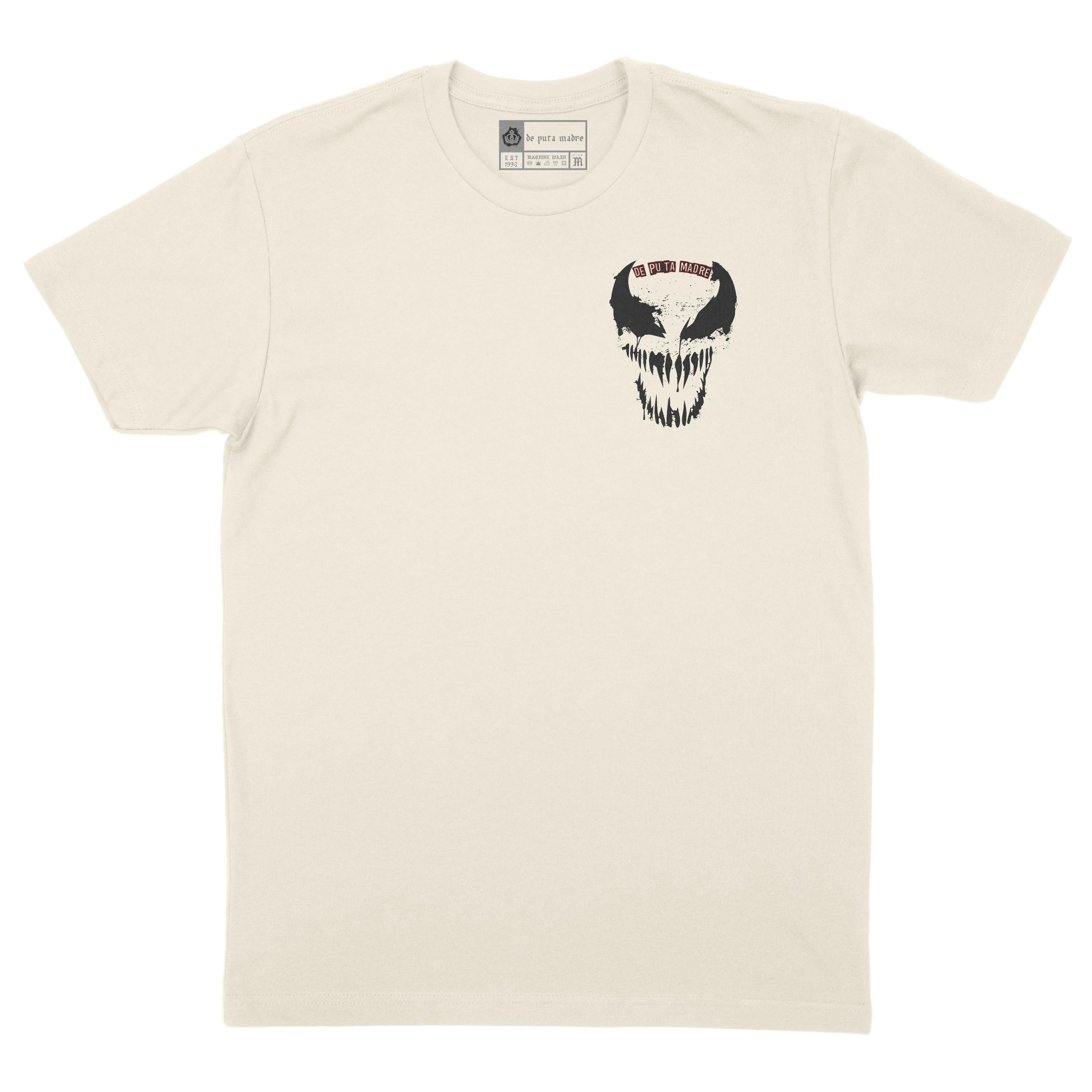 Men's crew-neck t-shirt featuring a trendy skull print, made from 100% jersey cotton, showcasing high-quality finishing and handmade designs.