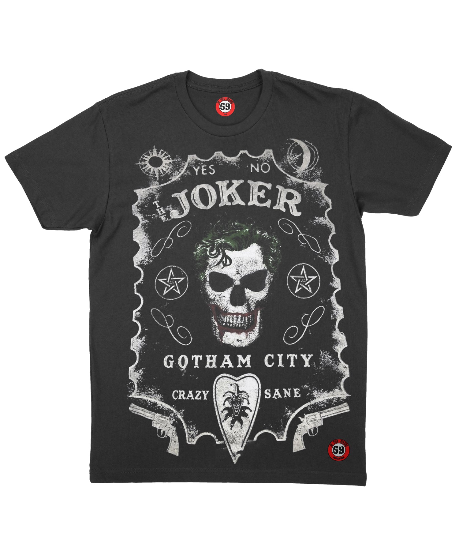 Men's T-Shirt featuring a unique Joker Skull design, showcasing vibrant colors and high-quality print on soft jersey cotton fabric.