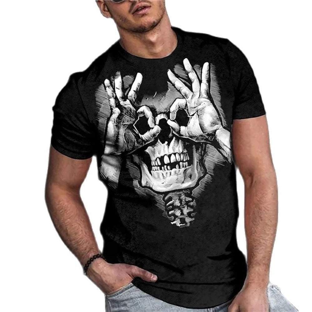 Men's Vintage Graphic Skull Theme T-Shirt featuring a bold skull design on a black background, showcasing its stylish and edgy appeal.