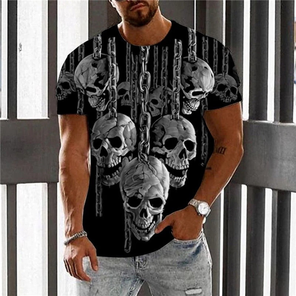 Men's Vintage Graphic Skull Theme T-Shirt featuring a bold skull design on a black background, showcasing its stylish and edgy appeal.