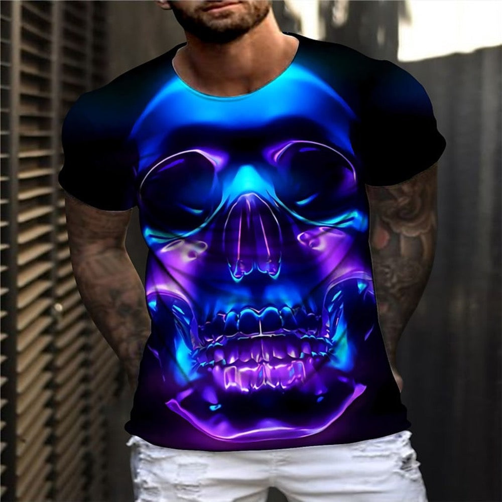 Men's Vintage Graphic Skull Theme T-Shirt featuring a bold skull design on a black background, showcasing its stylish and edgy appeal.