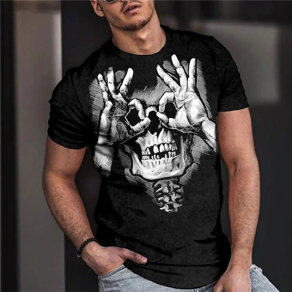 Men's Vintage Graphic Skull Theme T-Shirt featuring a bold skull design on a black background, showcasing its stylish and edgy appeal.