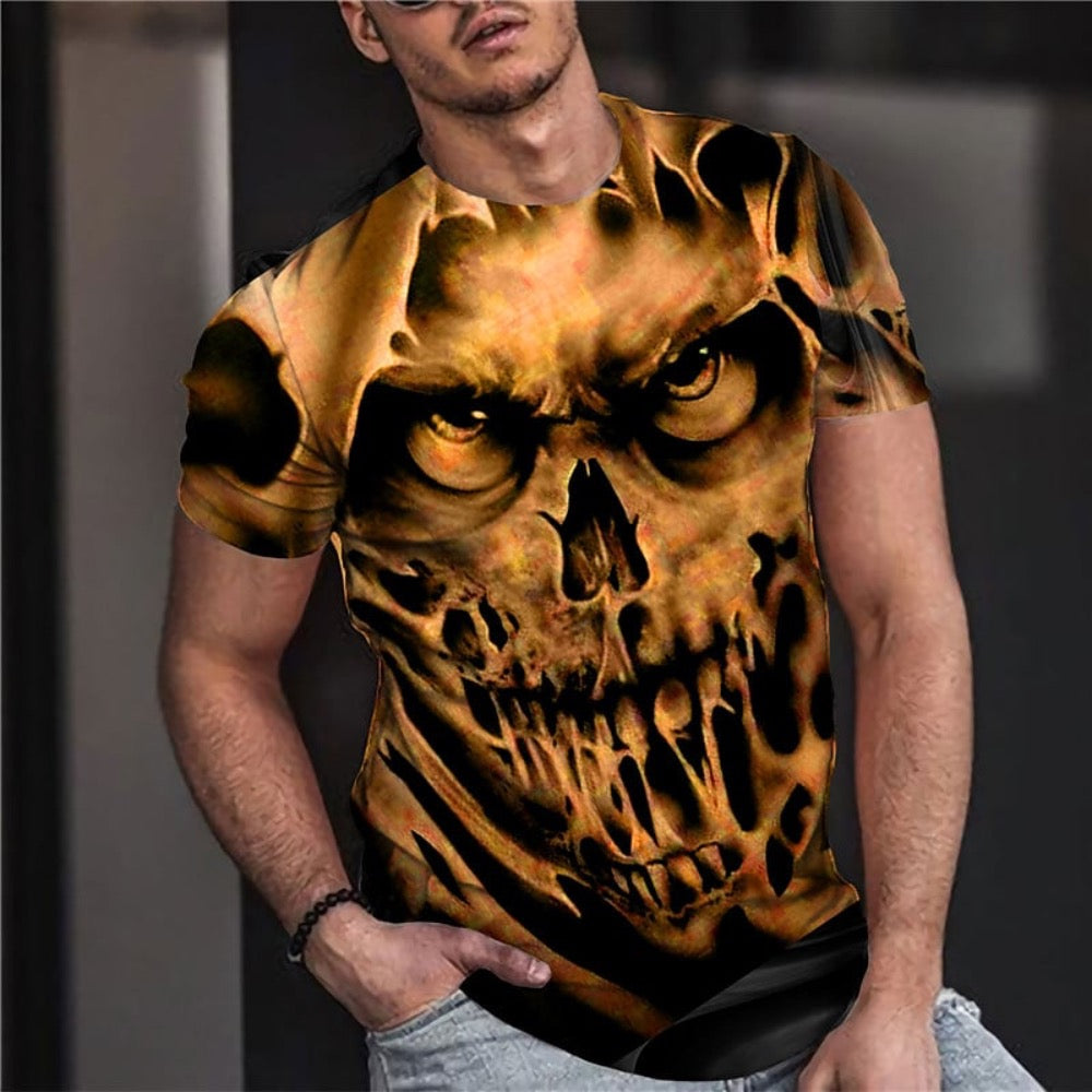 Men's Vintage Graphic Skull Theme T-Shirt featuring a bold skull design on a black background, showcasing its stylish and edgy appeal.