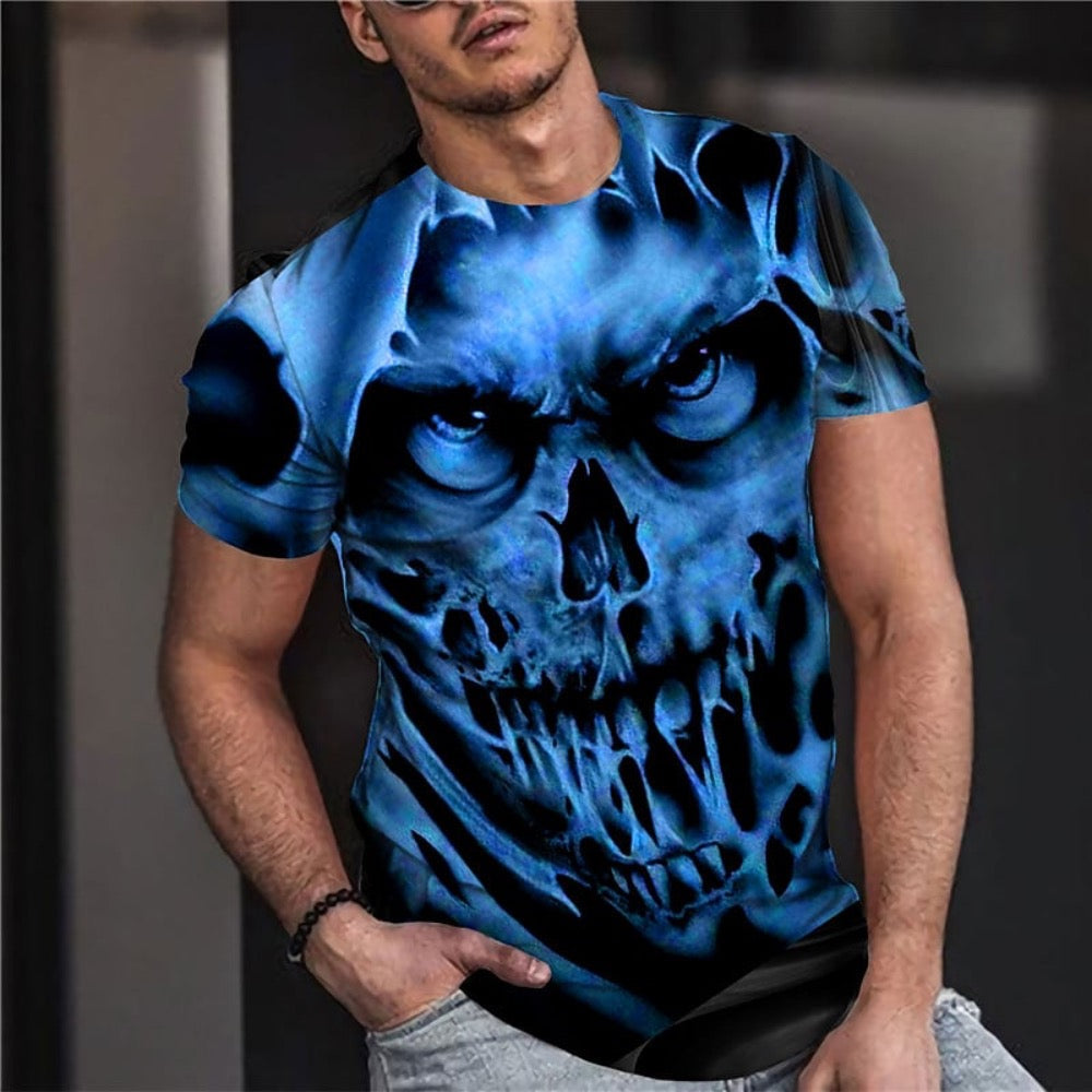 Men's Vintage Graphic Skull Theme T-Shirt featuring a bold skull design on a black background, showcasing its stylish and edgy appeal.