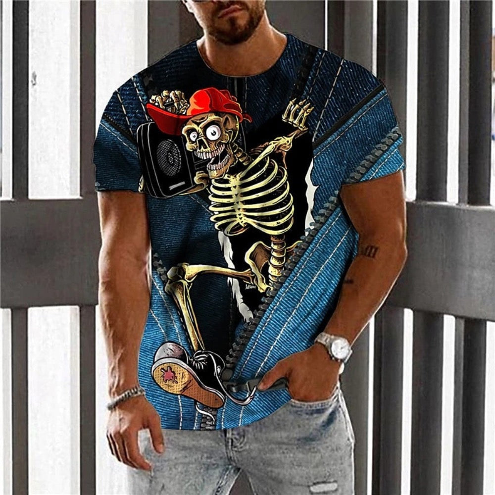 Men's Vintage Graphic Skull Theme T-Shirt featuring a bold skull design on a black background, showcasing its stylish and edgy appeal.