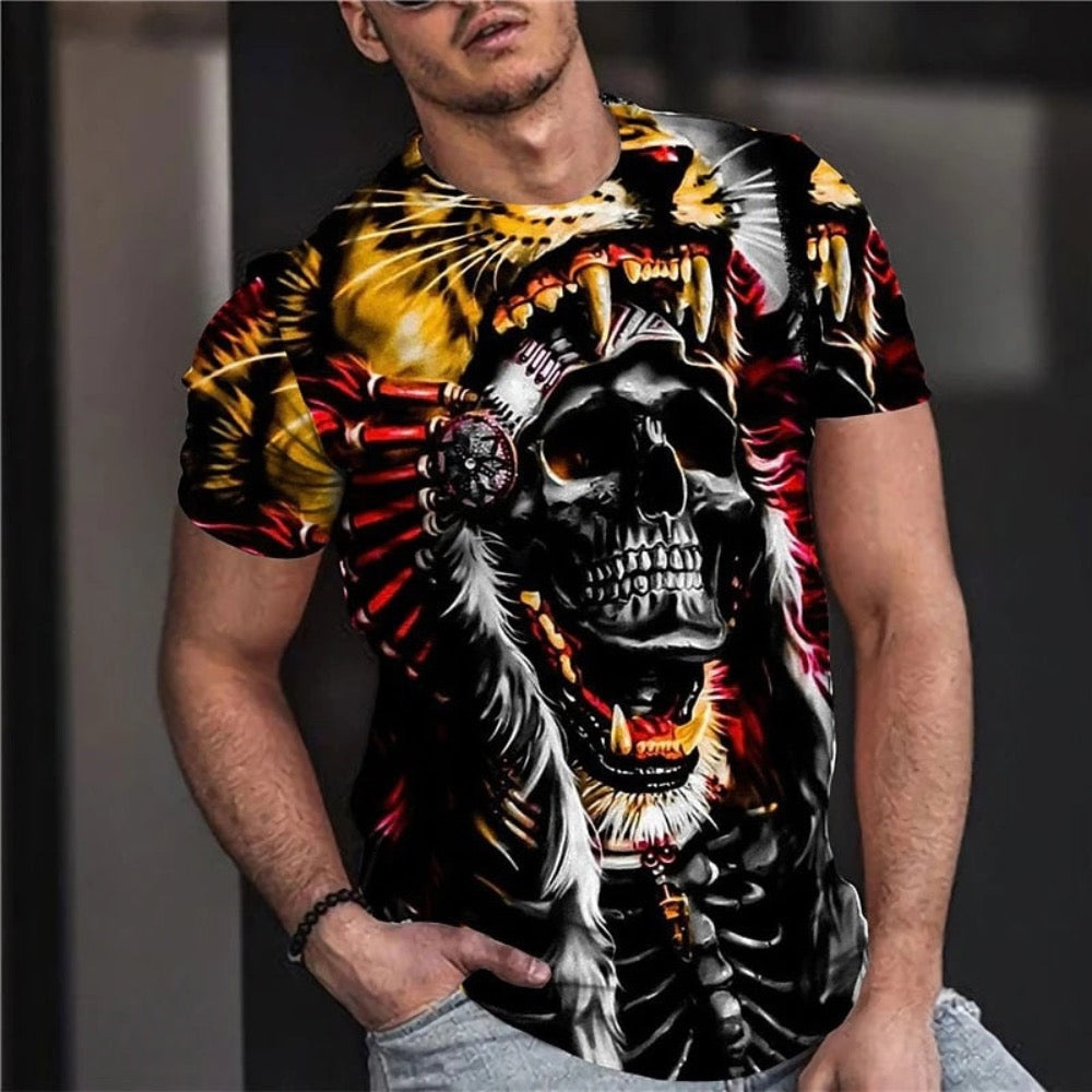 Men's Vintage Graphic Skull Theme T-Shirt featuring a bold skull design on a black background, showcasing its stylish and edgy appeal.