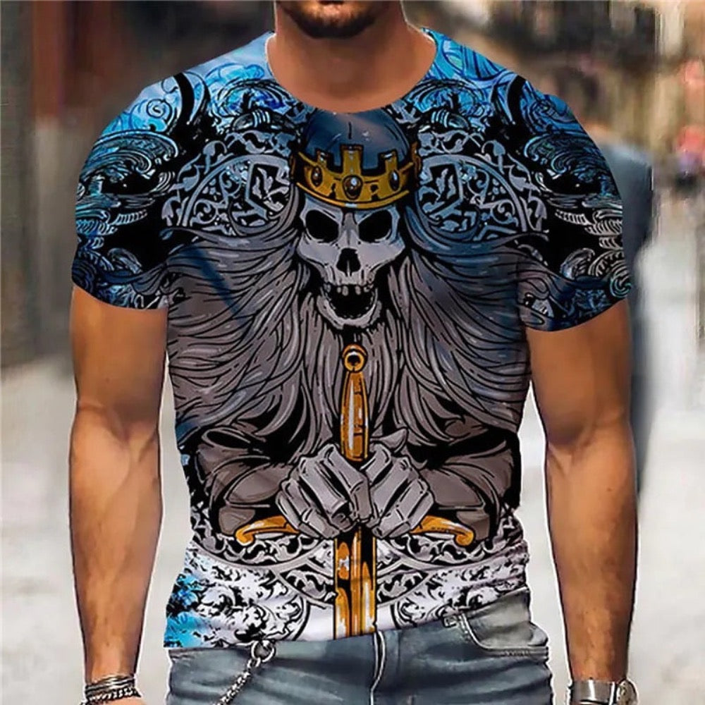 Men's Vintage Graphic Skull Theme T-Shirt featuring a bold skull design on a black background, showcasing its stylish and edgy appeal.