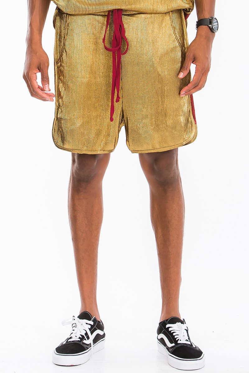 A pair of metallic boxer shorts featuring an elastic waist and drawstring, showcasing a stylish knee-length design.