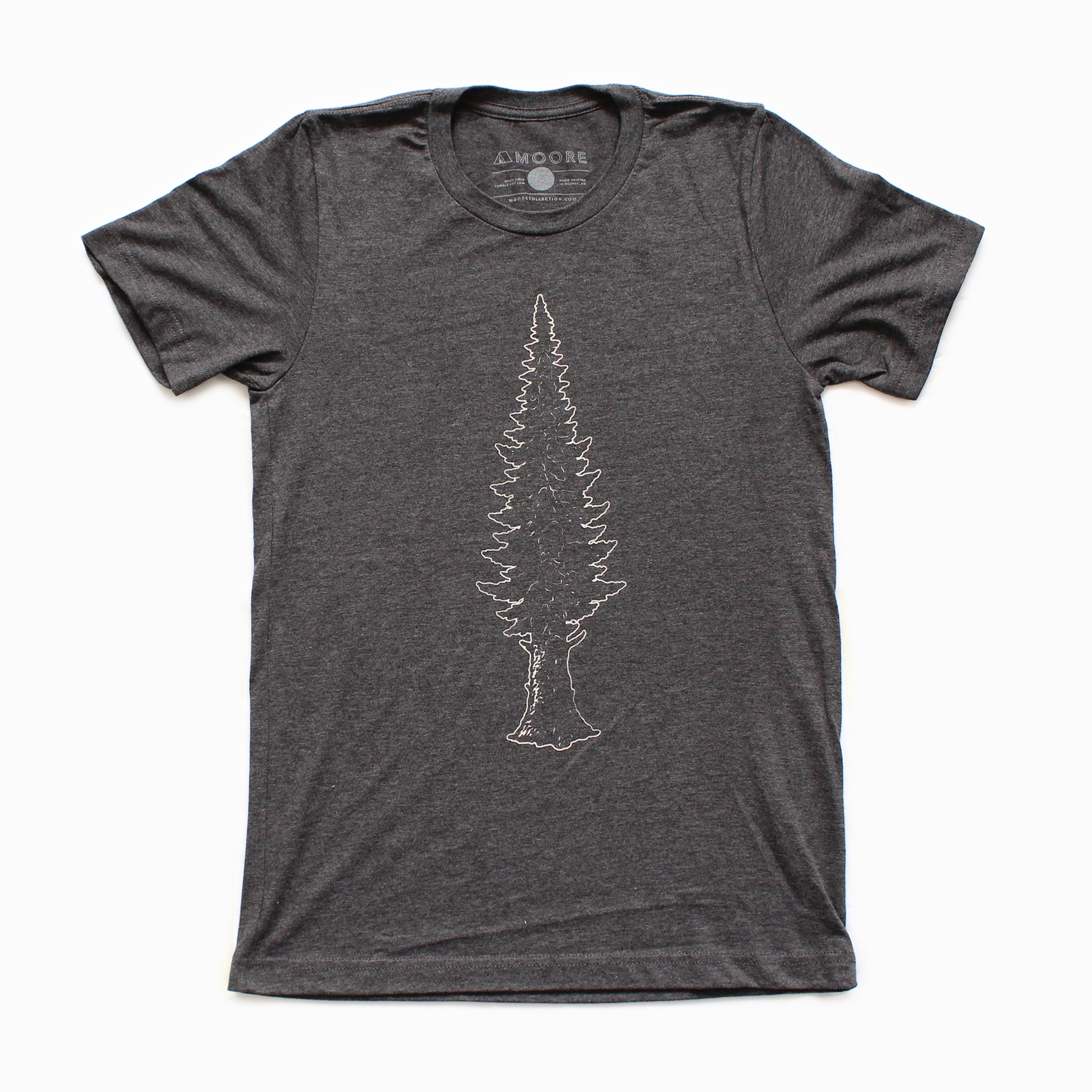 Mighty Pine Tee in dark gray featuring a white screen printed design of a pine tree, made from soft cotton and polyester blend.