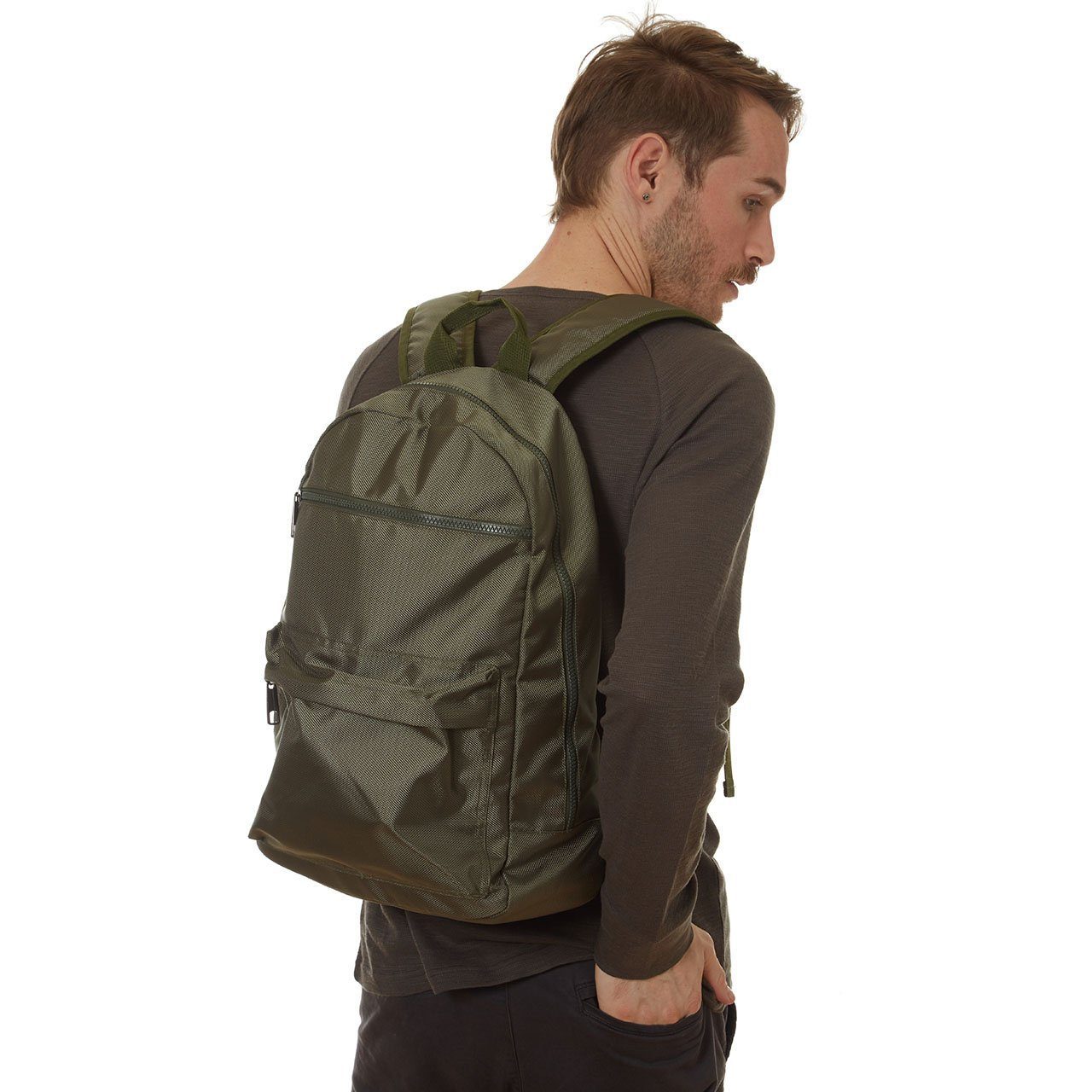 Mike Backpack in olive green with multiple pockets and padded straps, perfect for daily use.