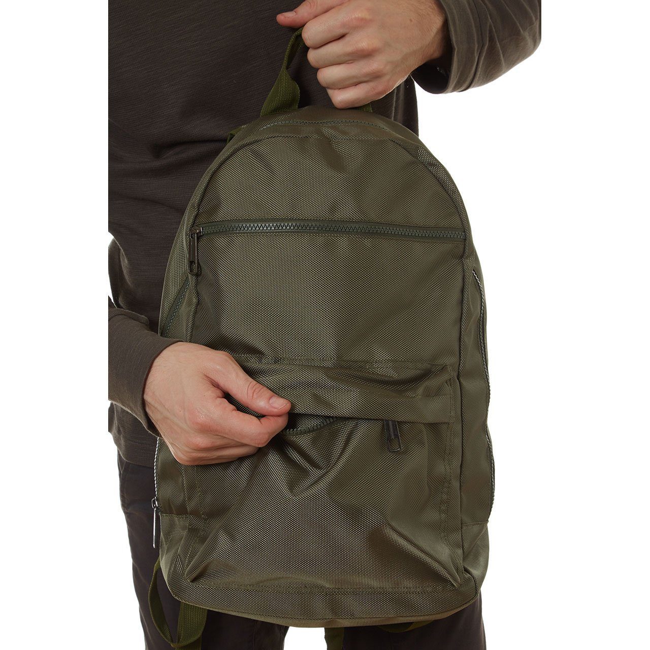 Mike Backpack in olive green with multiple pockets and padded straps, perfect for daily use.