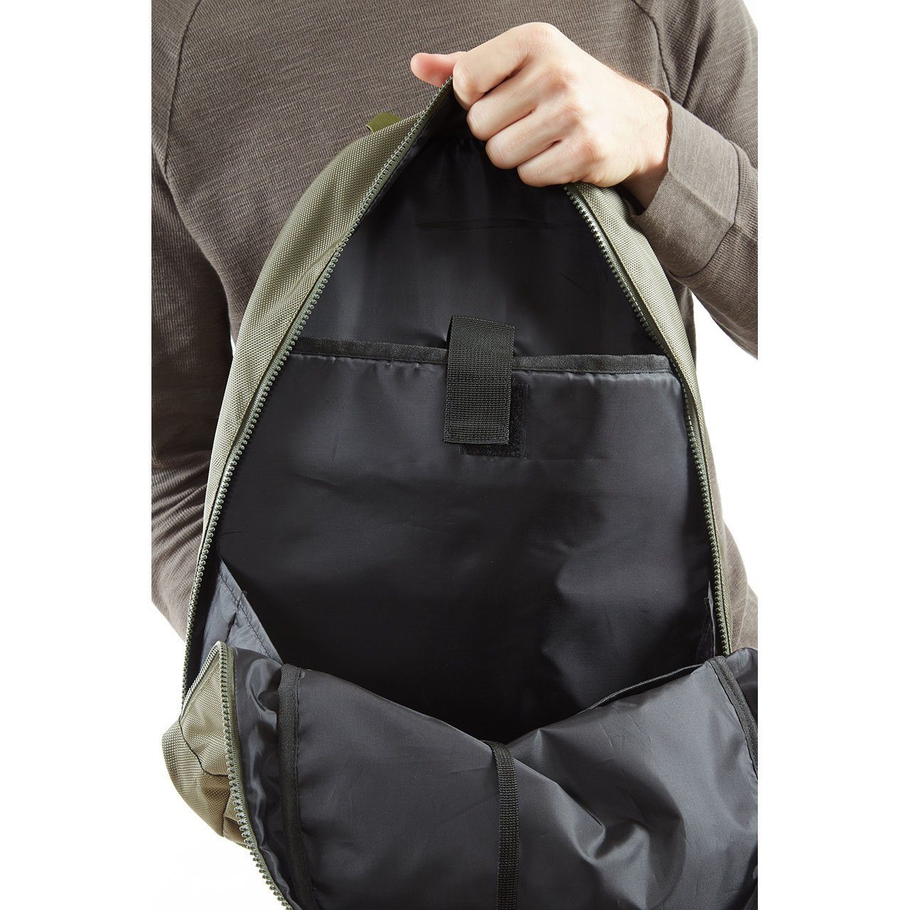 Mike Backpack in olive green with multiple pockets and padded straps, perfect for daily use.