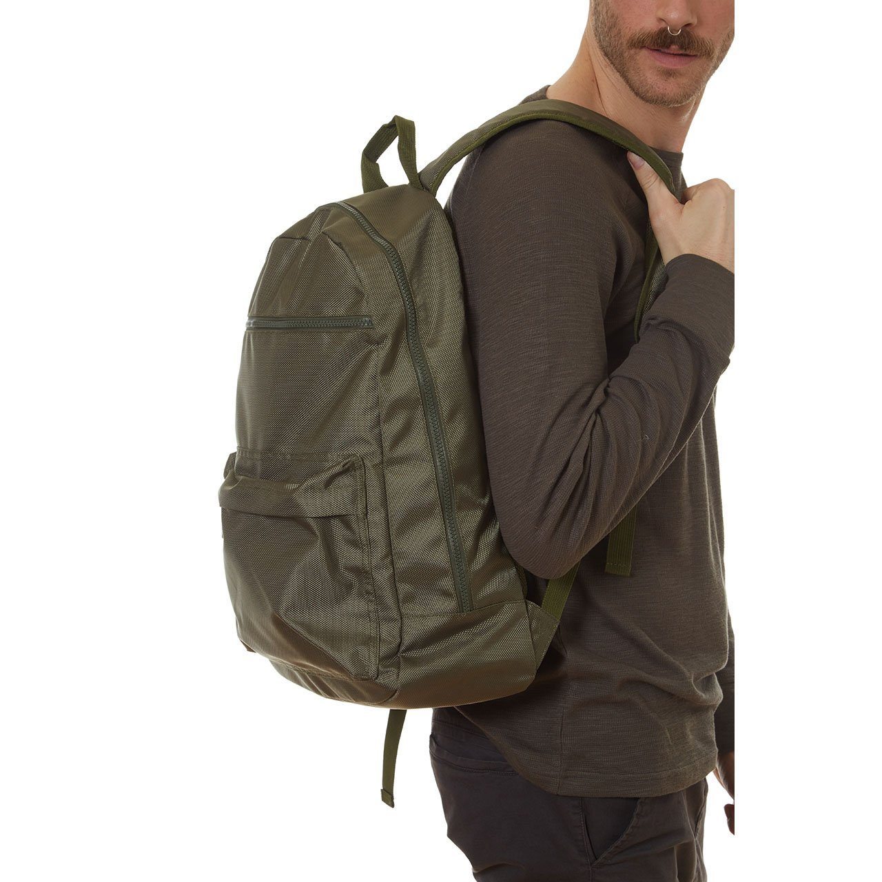 Mike Backpack in olive green with multiple pockets and padded straps, perfect for daily use.