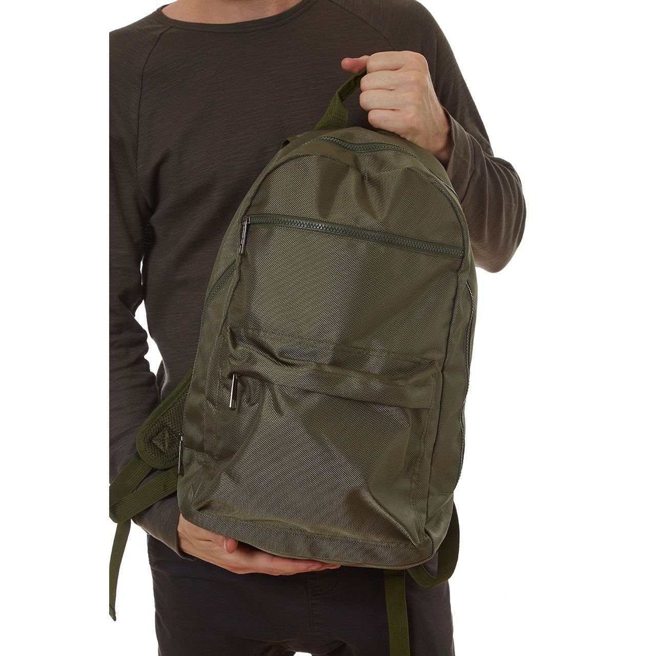 Mike Backpack in olive green with multiple pockets and padded straps, perfect for daily use.