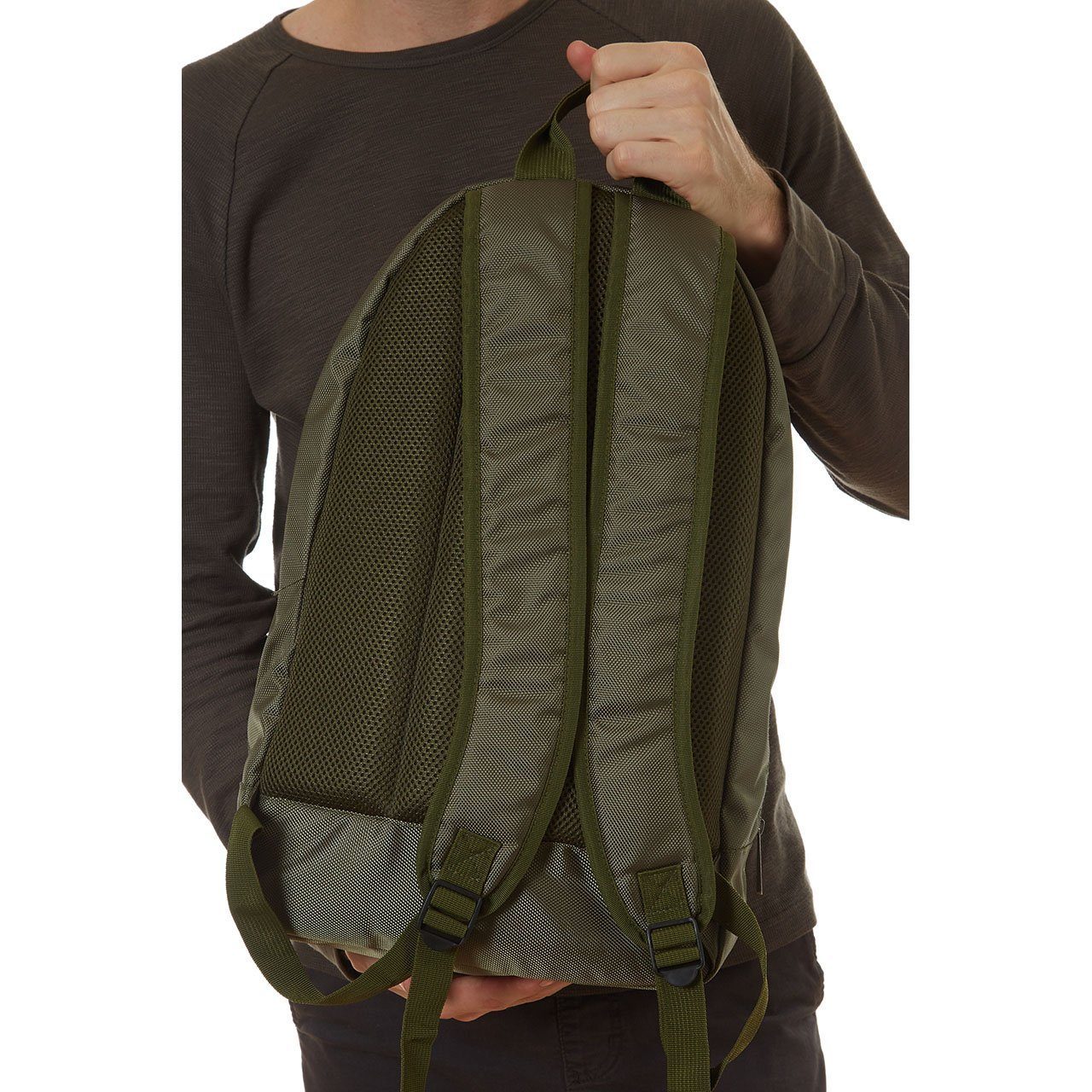 Mike Backpack in olive green with multiple pockets and padded straps, perfect for daily use.