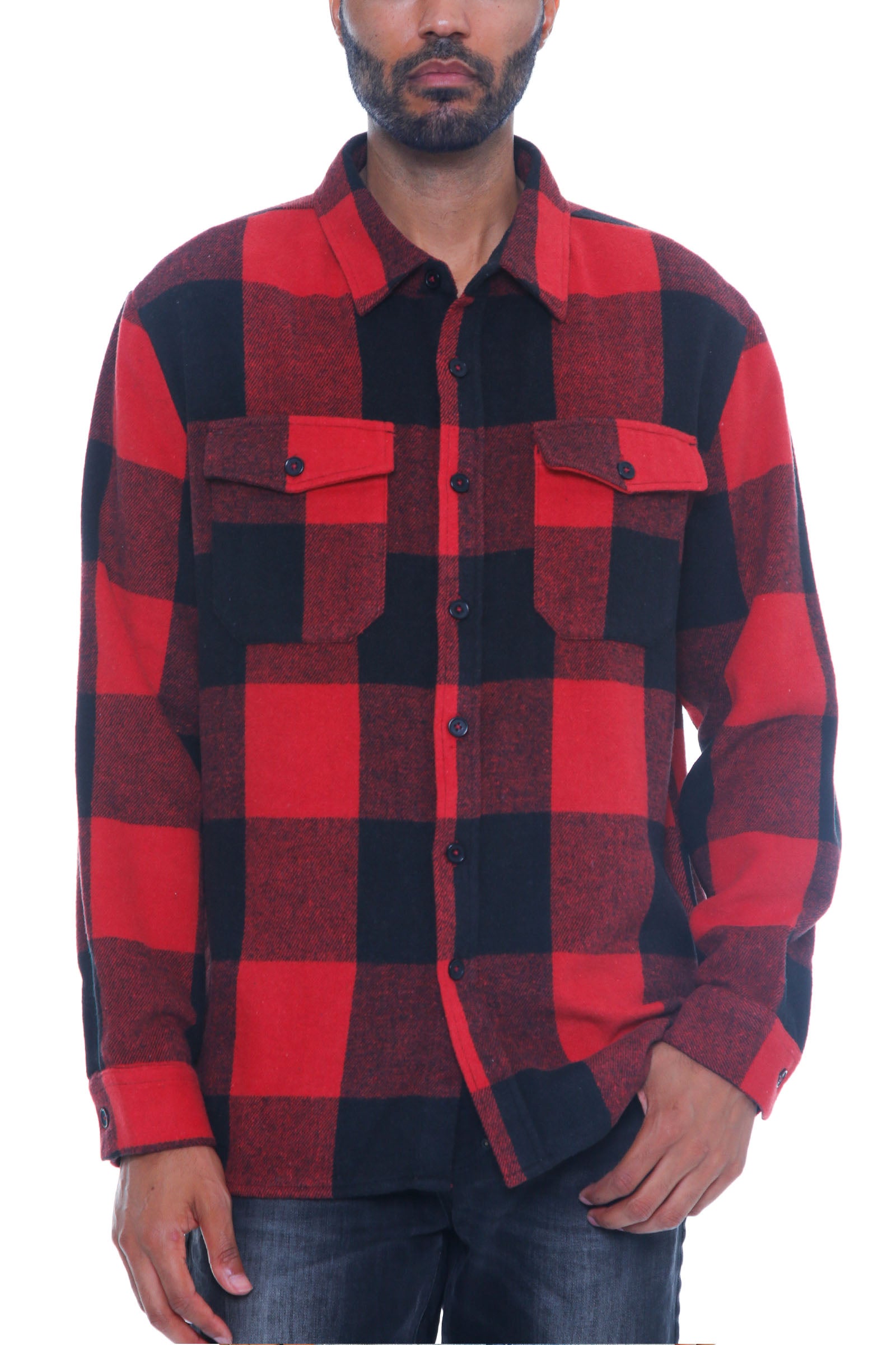 Millikan Soft Flannel Shacket featuring a checkered pattern, long sleeves, button closure, and chest pockets, made from soft brushed fabric.