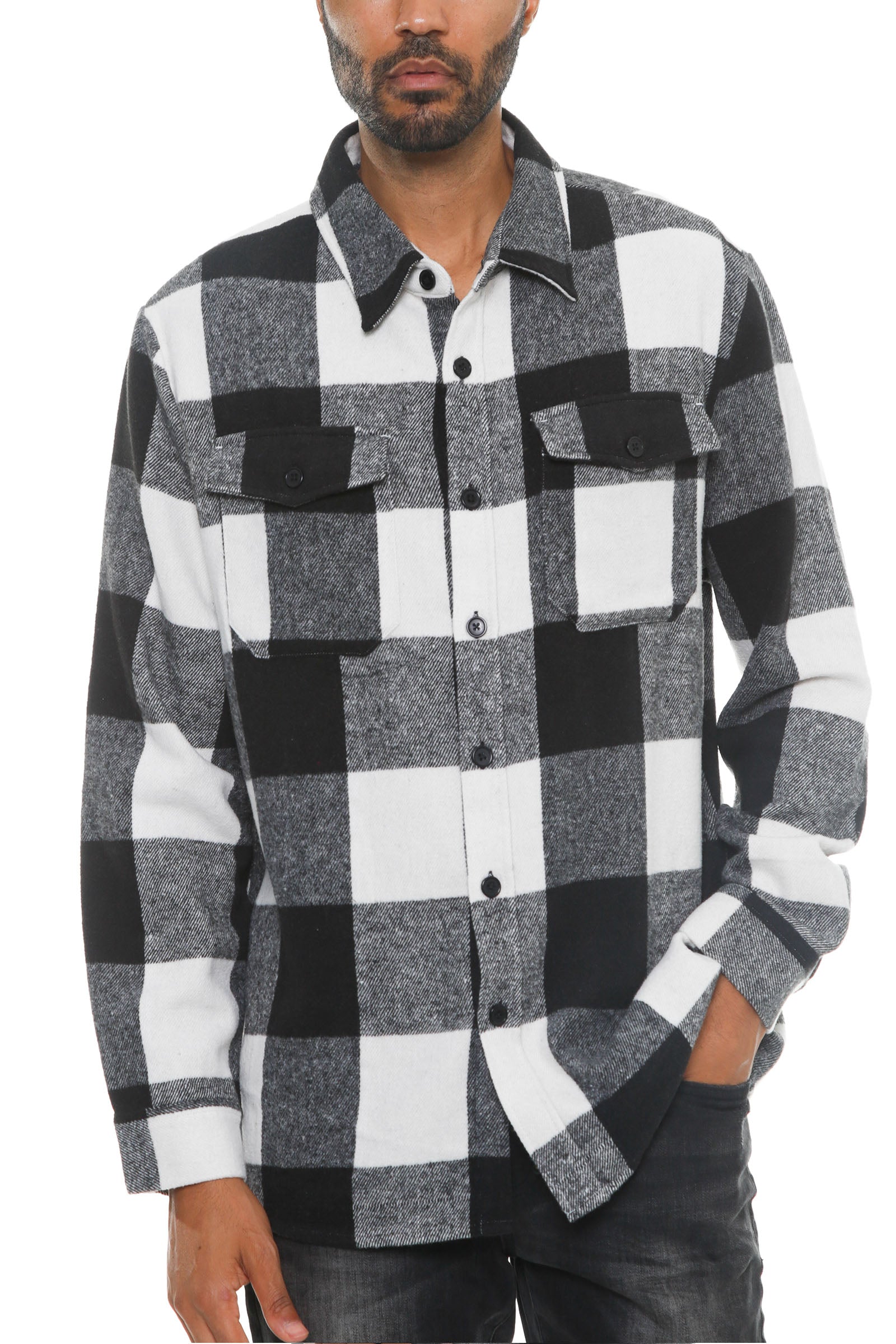 Millikan Soft Flannel Shacket featuring a checkered pattern, long sleeves, button closure, and chest pockets, made from soft brushed fabric.