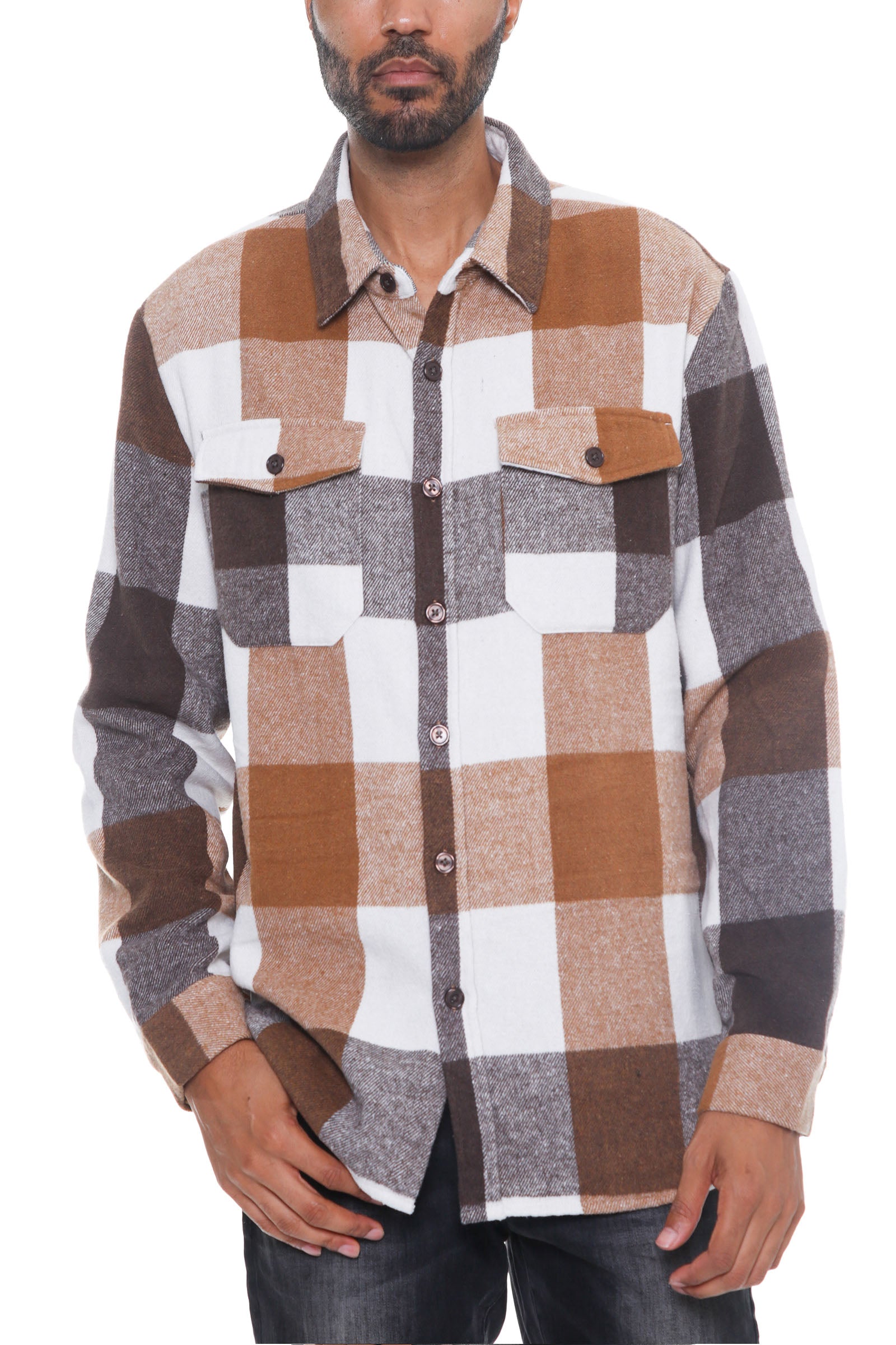 Millikan Soft Flannel Shacket featuring a checkered pattern, long sleeves, button closure, and chest pockets, made from soft brushed fabric.