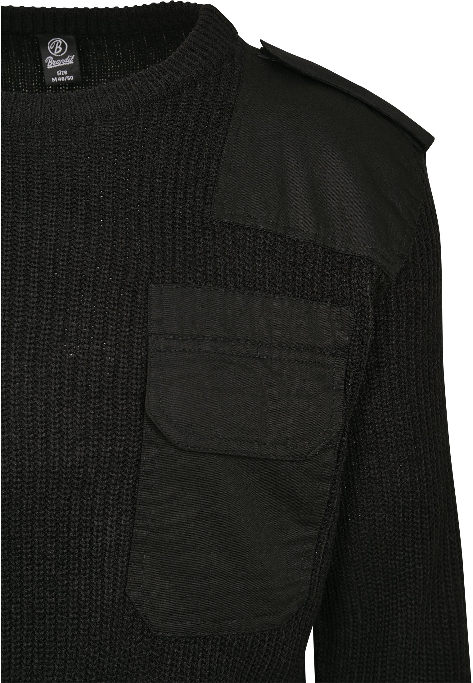 A durable Military Sweater featuring reinforced elbows and shoulders, epaulettes, and a patch chest pocket in muted colors.