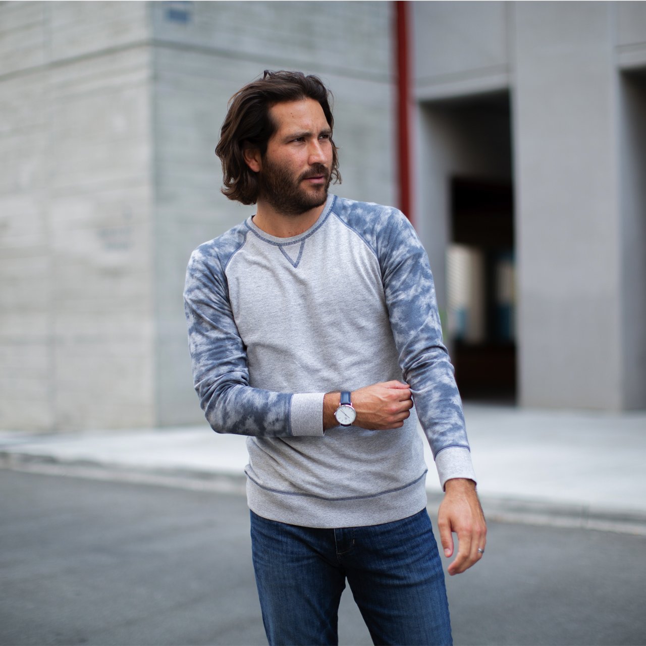 Milo Crew Neck Pullover in Grey Heather with faux tie dye design, featuring long sleeves and a comfortable fit.