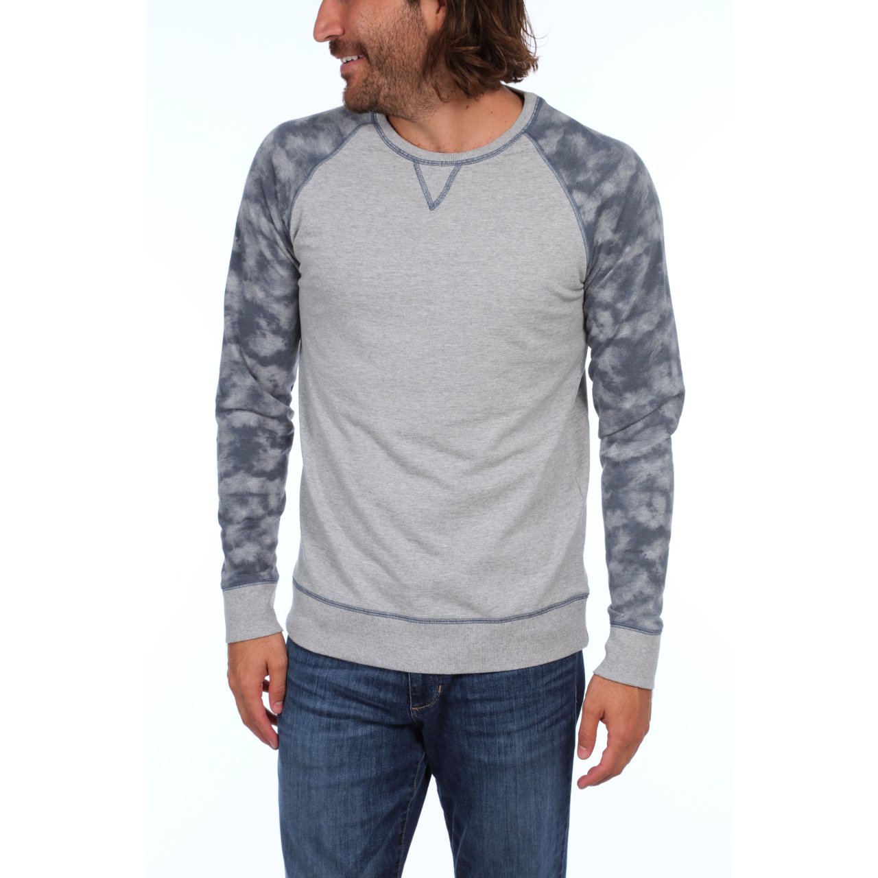 Milo Crew Neck Pullover in Grey Heather with faux tie dye design, featuring long sleeves and a comfortable fit.