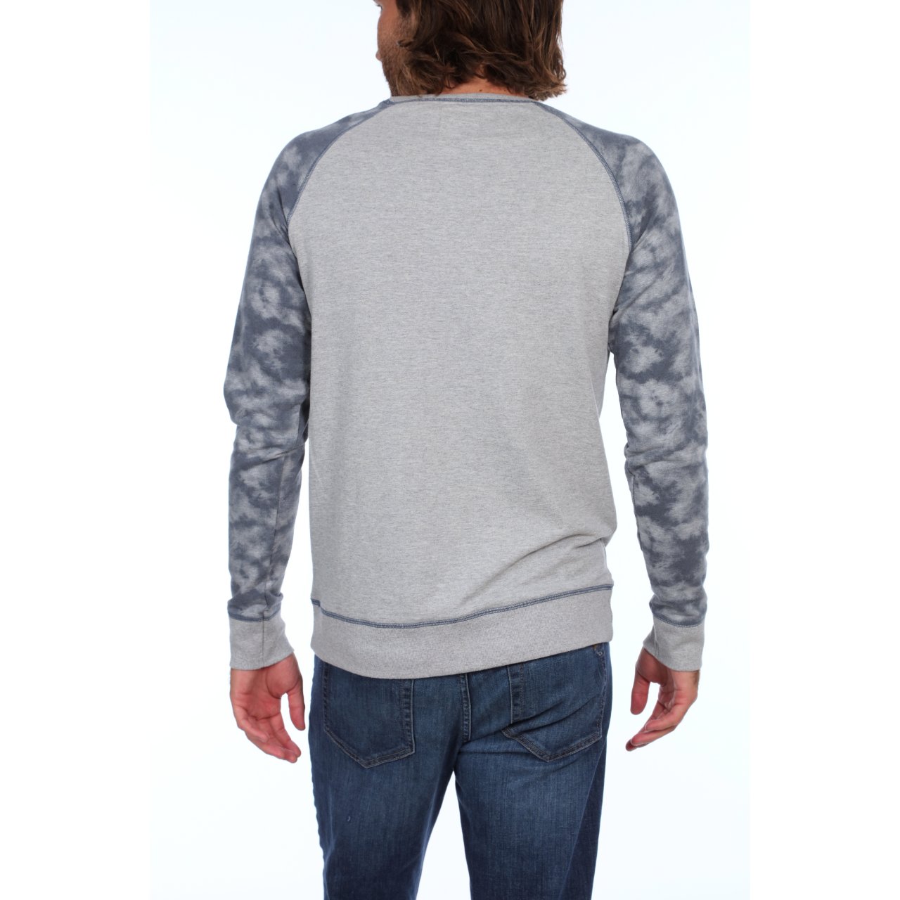 Milo Crew Neck Pullover in Grey Heather with faux tie dye design, featuring long sleeves and a comfortable fit.