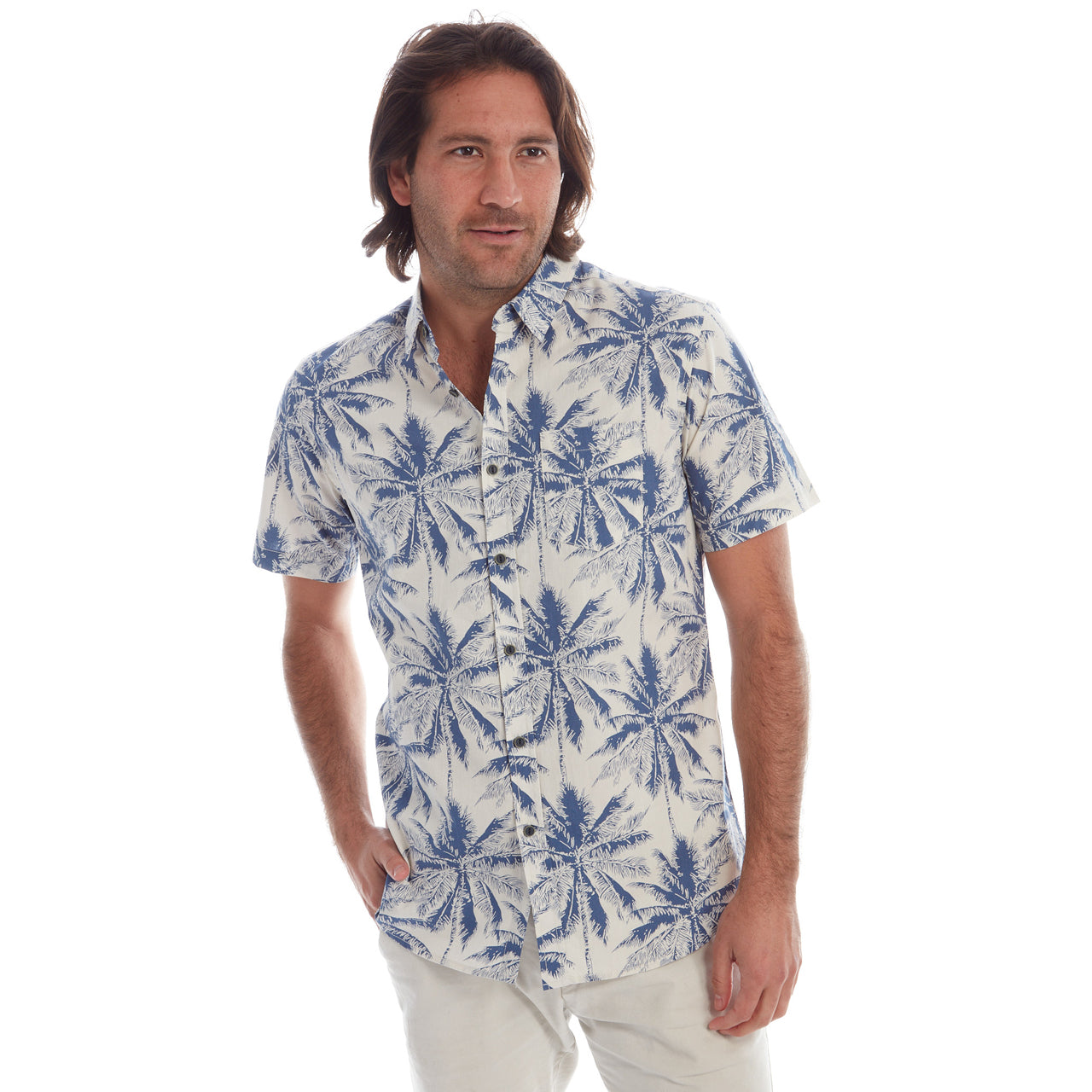 Mitchell Printed Shirt featuring a navy background with palm tree prints, perfect for summer casual wear.