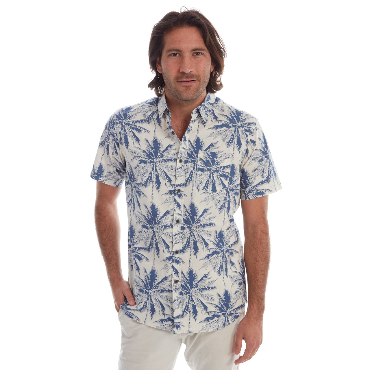 Mitchell Printed Shirt featuring a navy background with palm tree prints, perfect for summer casual wear.