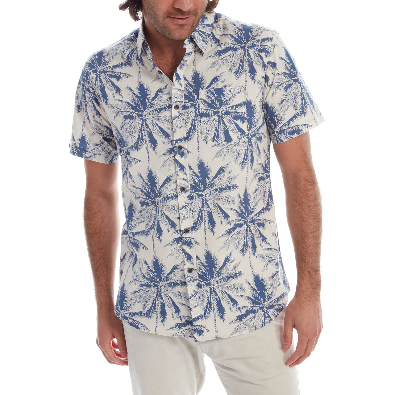 Mitchell Printed Shirt featuring a navy background with palm tree prints, perfect for summer casual wear.