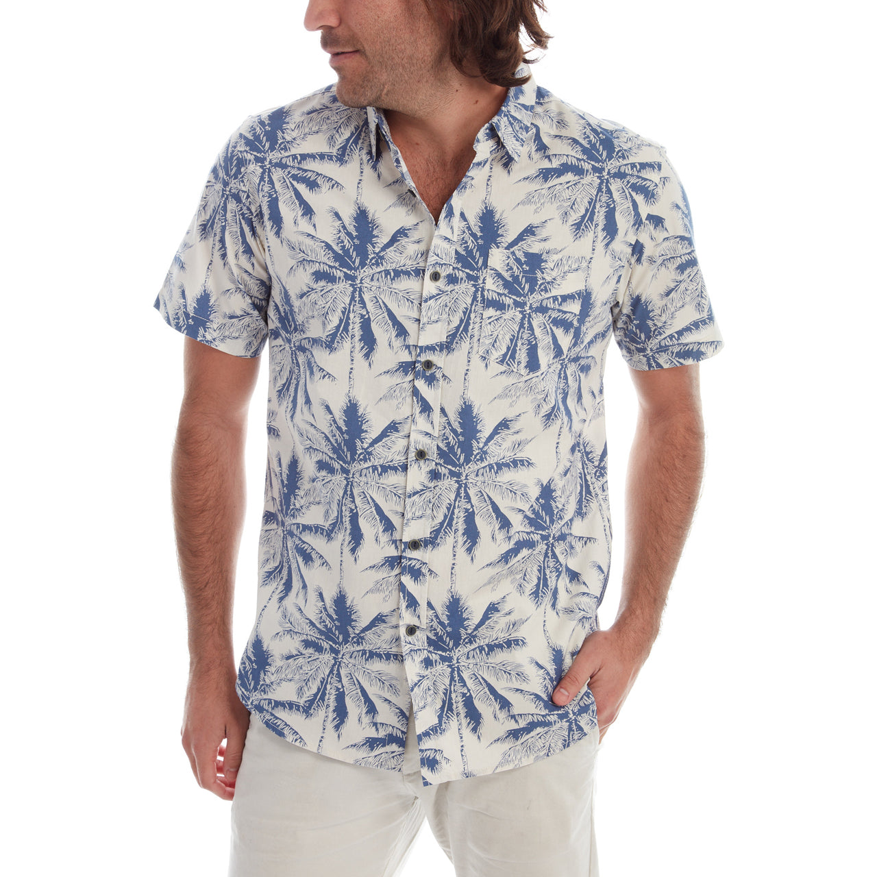 Mitchell Printed Shirt featuring a navy background with palm tree prints, perfect for summer casual wear.